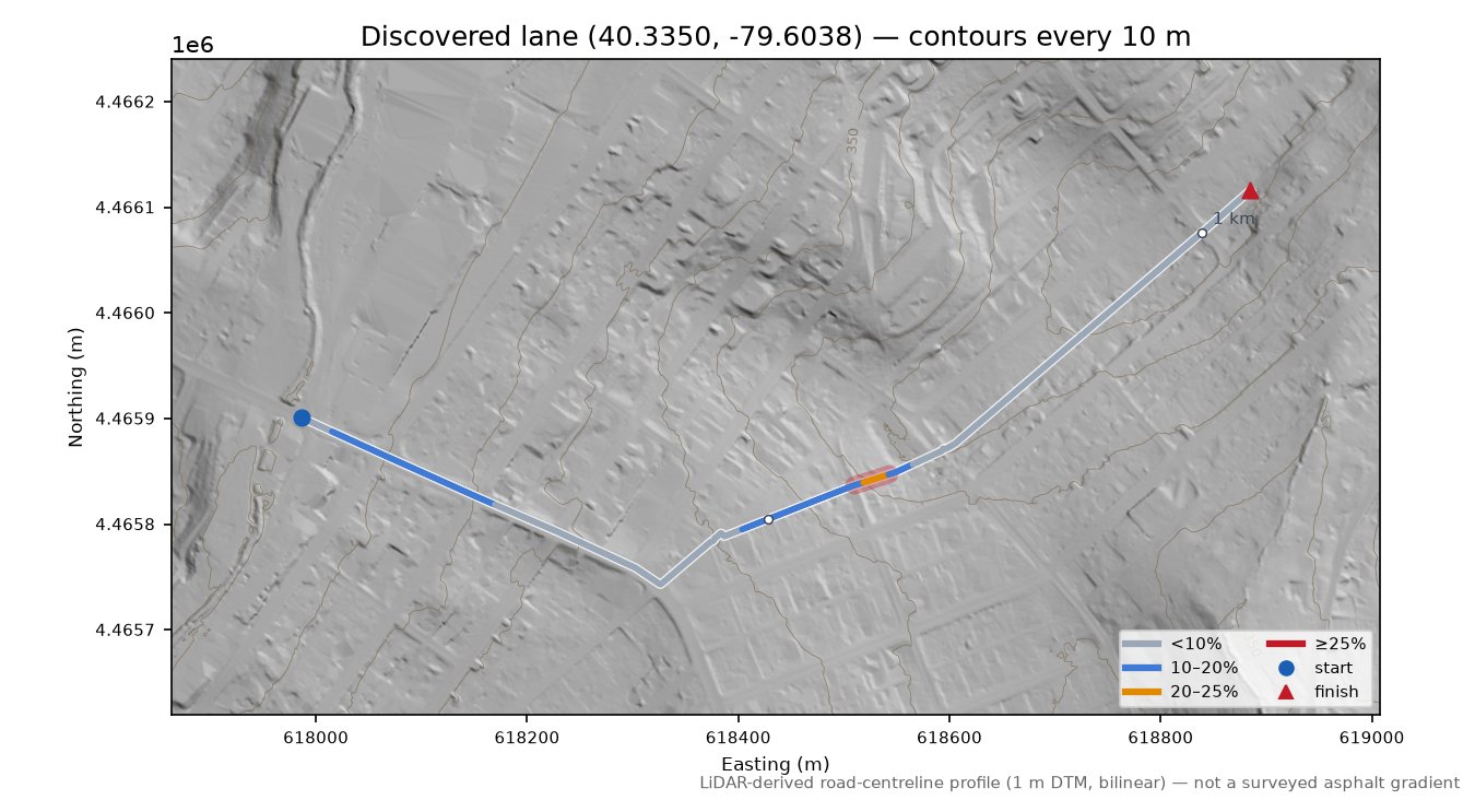 Discovered lane (40.3350, -79.6038) LiDAR hillshade map with contours