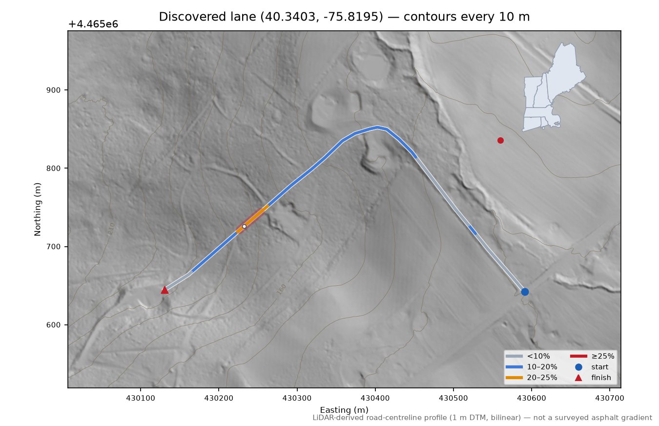 Discovered lane (40.3403, -75.8195) LiDAR hillshade map with contours