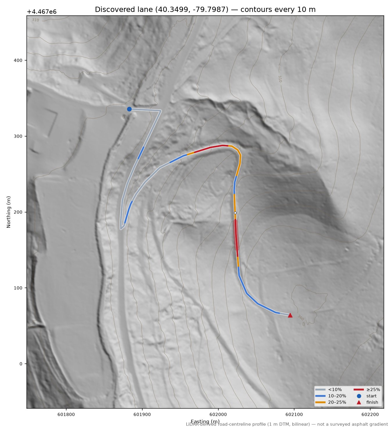 Discovered lane (40.3499, -79.7987) LiDAR hillshade map with contours