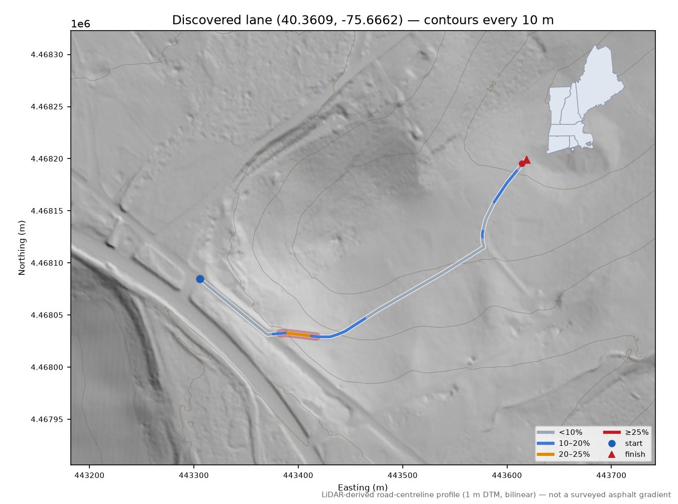 Discovered lane (40.3609, -75.6662) LiDAR hillshade map with contours