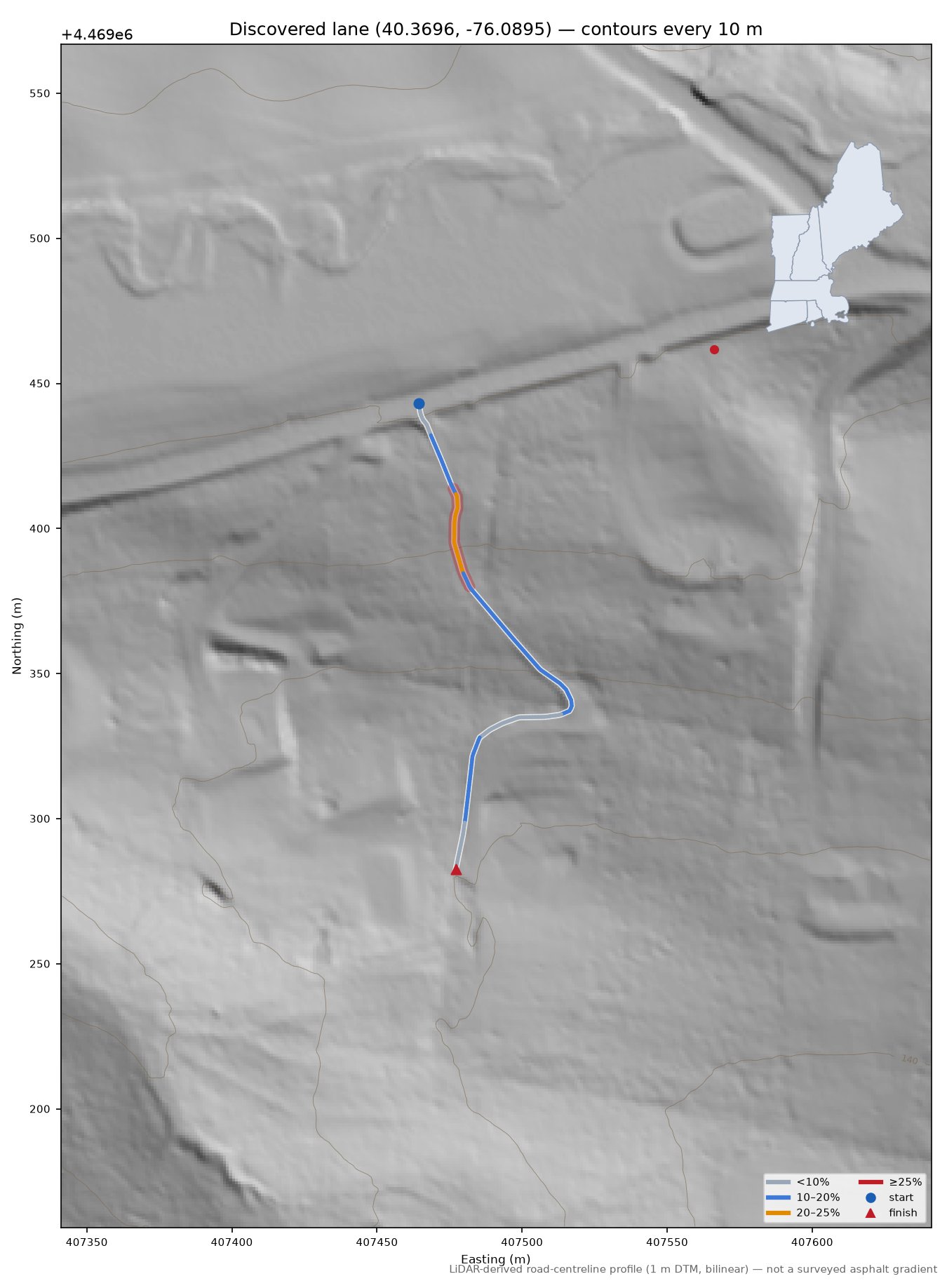 Discovered lane (40.3696, -76.0895) LiDAR hillshade map with contours
