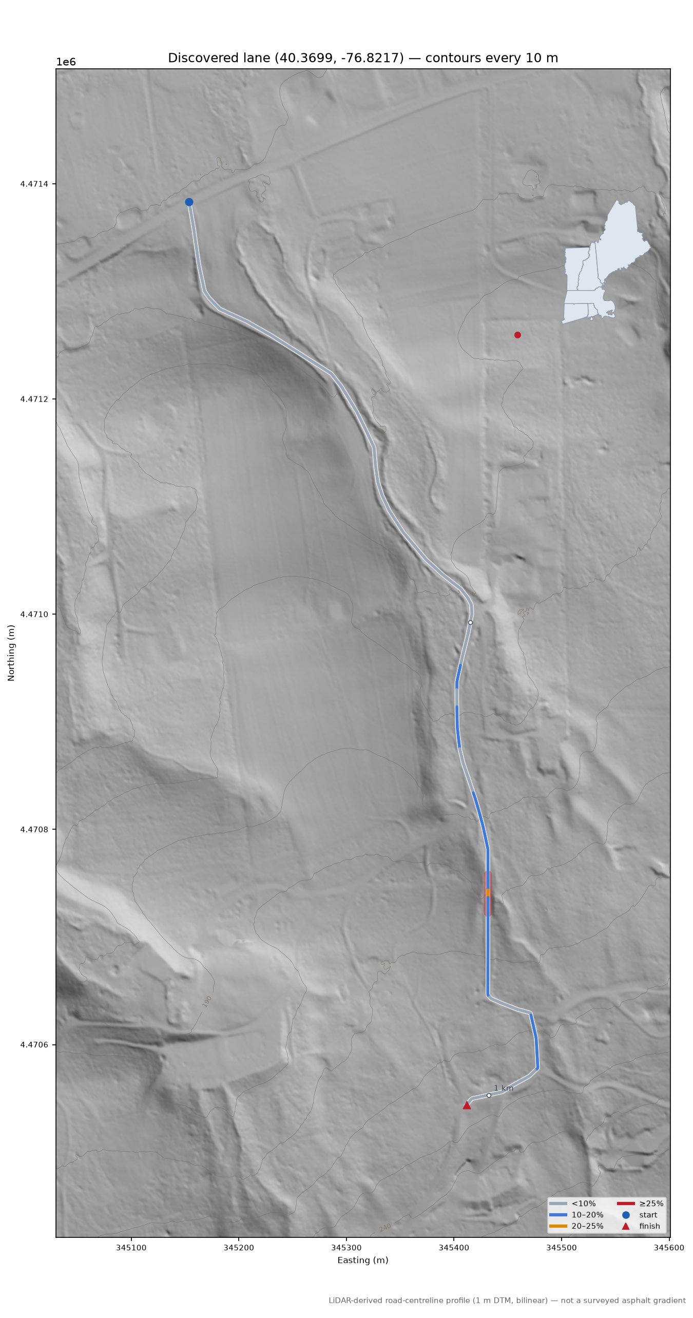 Discovered lane (40.3699, -76.8217) LiDAR hillshade map with contours