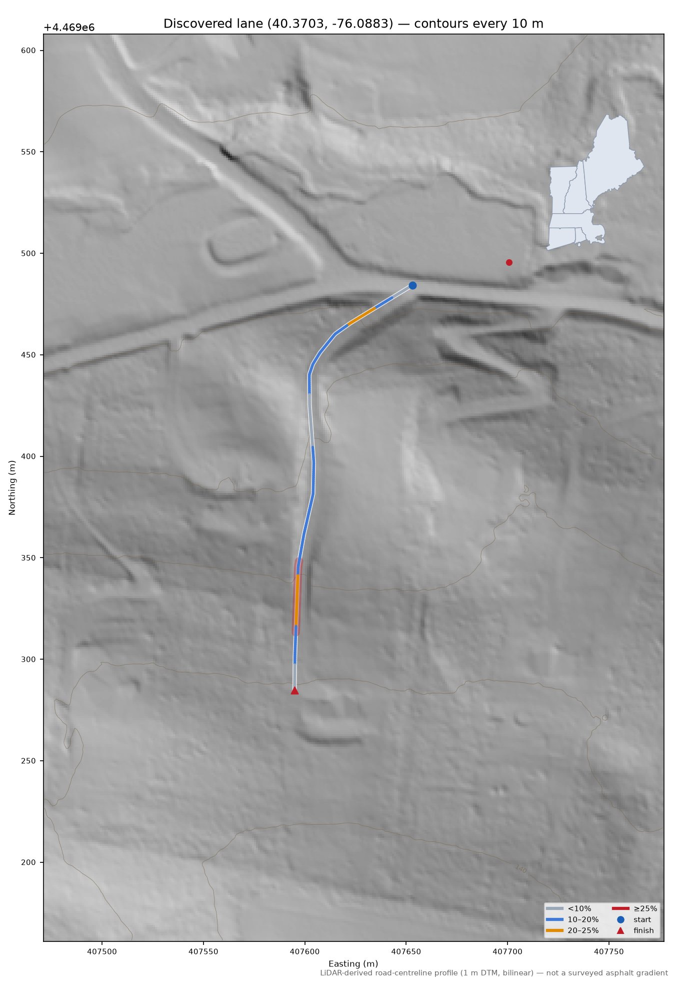 Discovered lane (40.3703, -76.0883) LiDAR hillshade map with contours