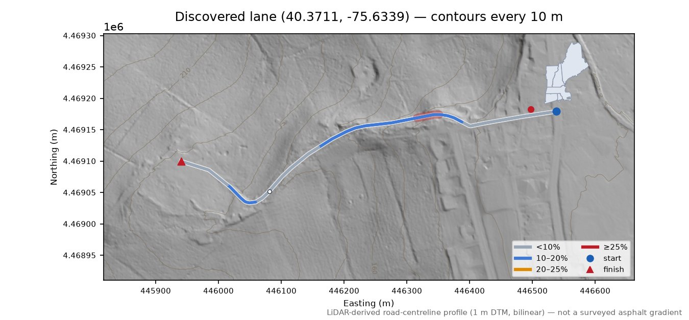 Discovered lane (40.3711, -75.6339) LiDAR hillshade map with contours