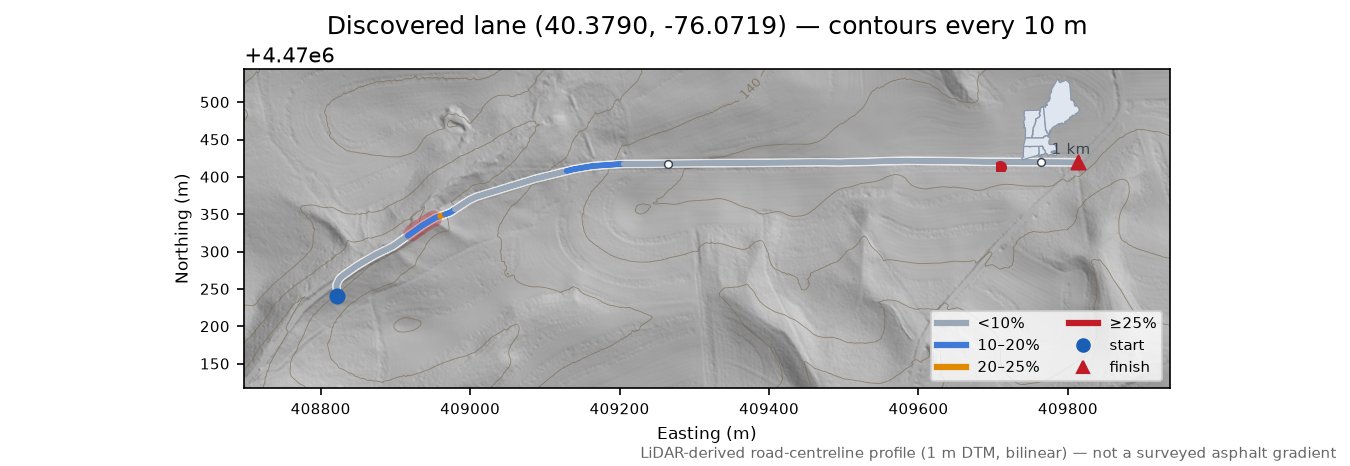 Discovered lane (40.3790, -76.0719) LiDAR hillshade map with contours