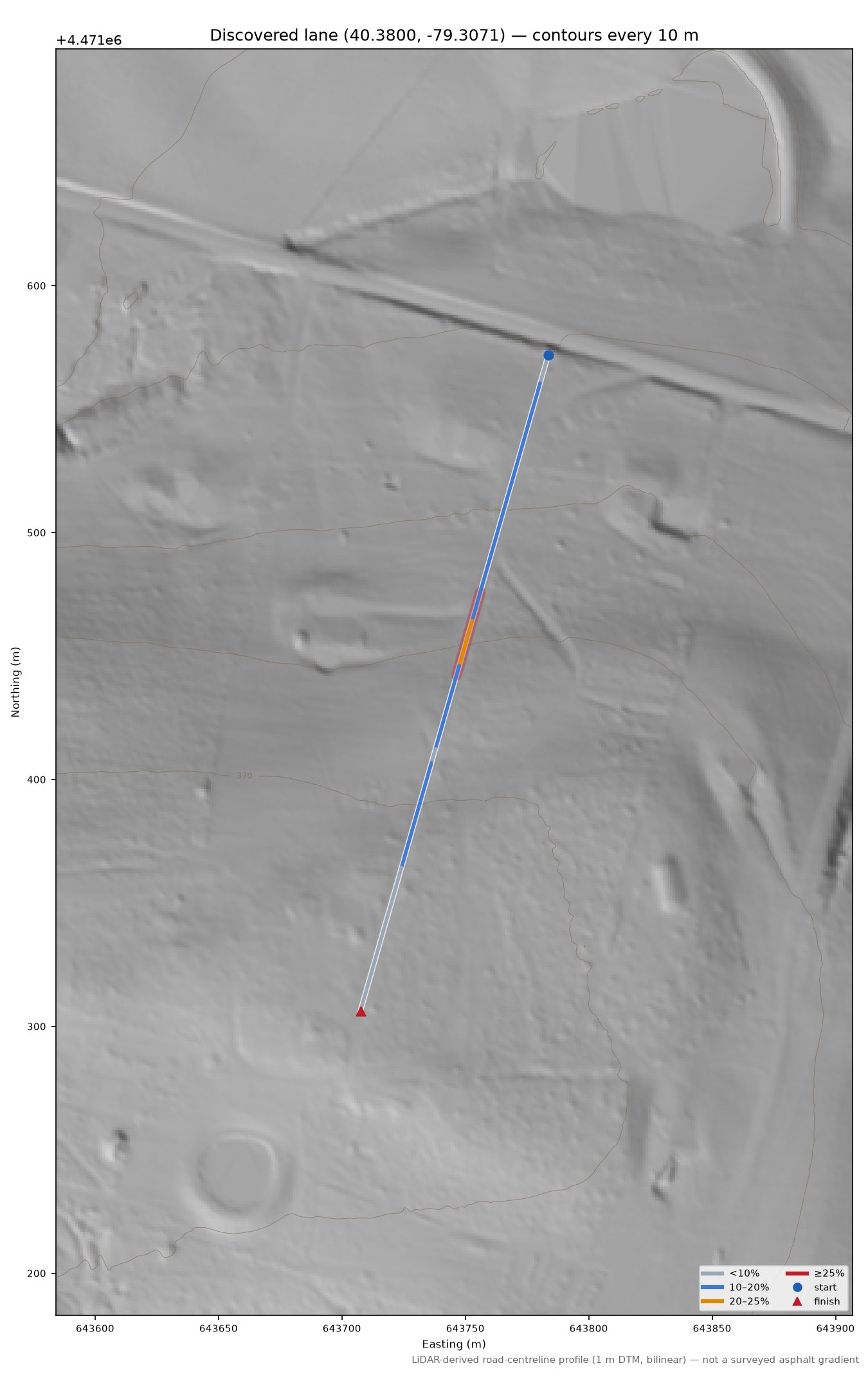 Discovered lane (40.3800, -79.3071) LiDAR hillshade map with contours