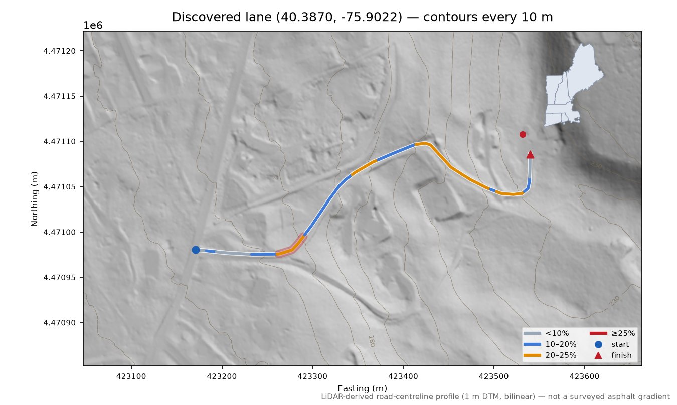Discovered lane (40.3870, -75.9022) LiDAR hillshade map with contours