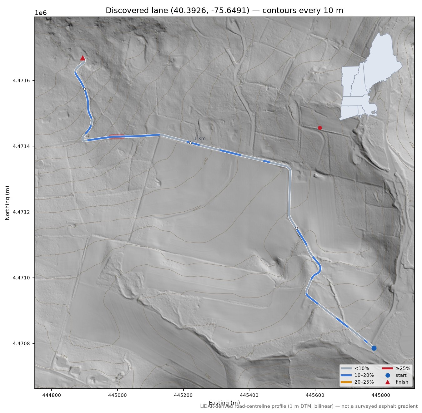 Discovered lane (40.3926, -75.6491) LiDAR hillshade map with contours