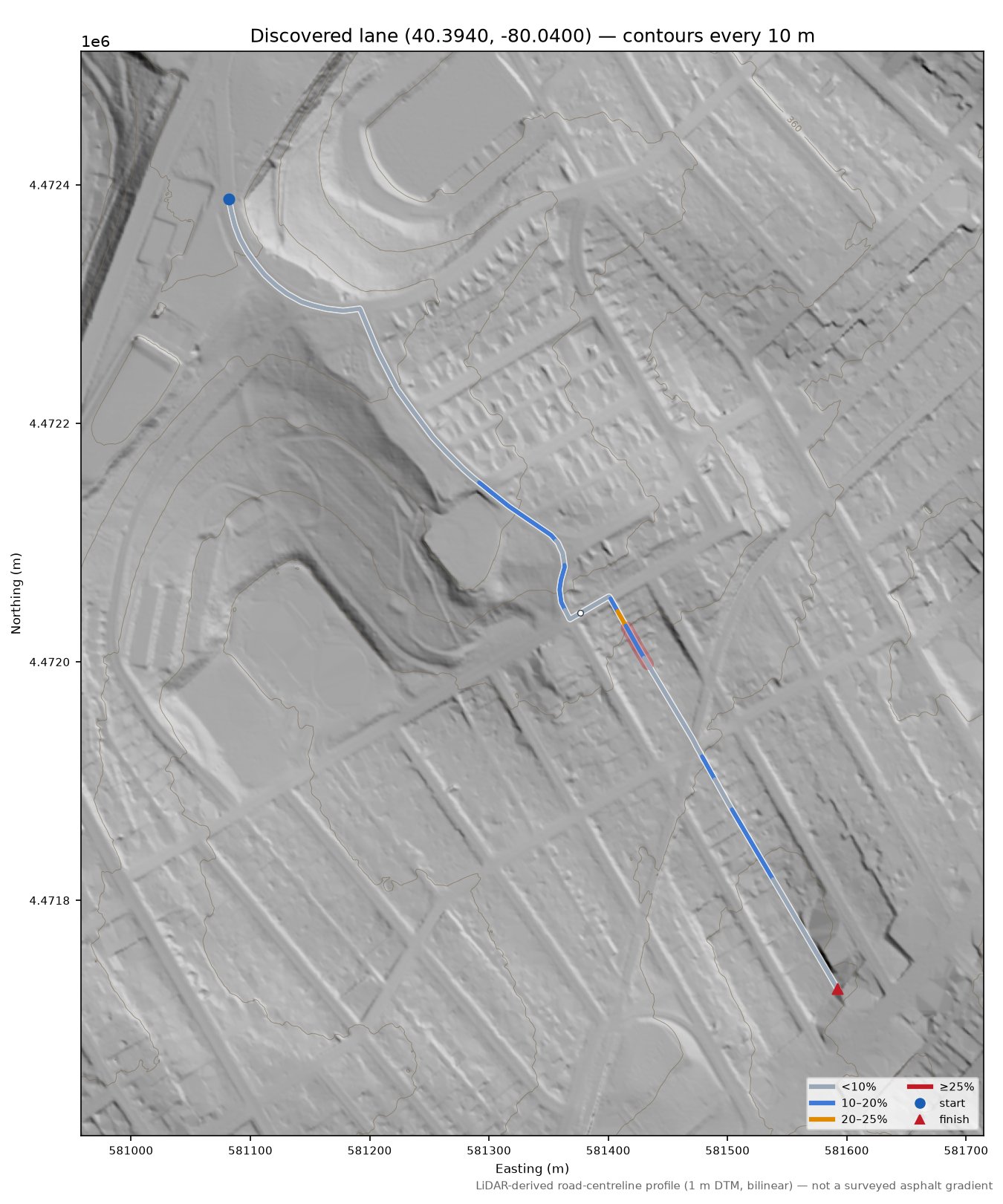 Discovered lane (40.3940, -80.0400) LiDAR hillshade map with contours