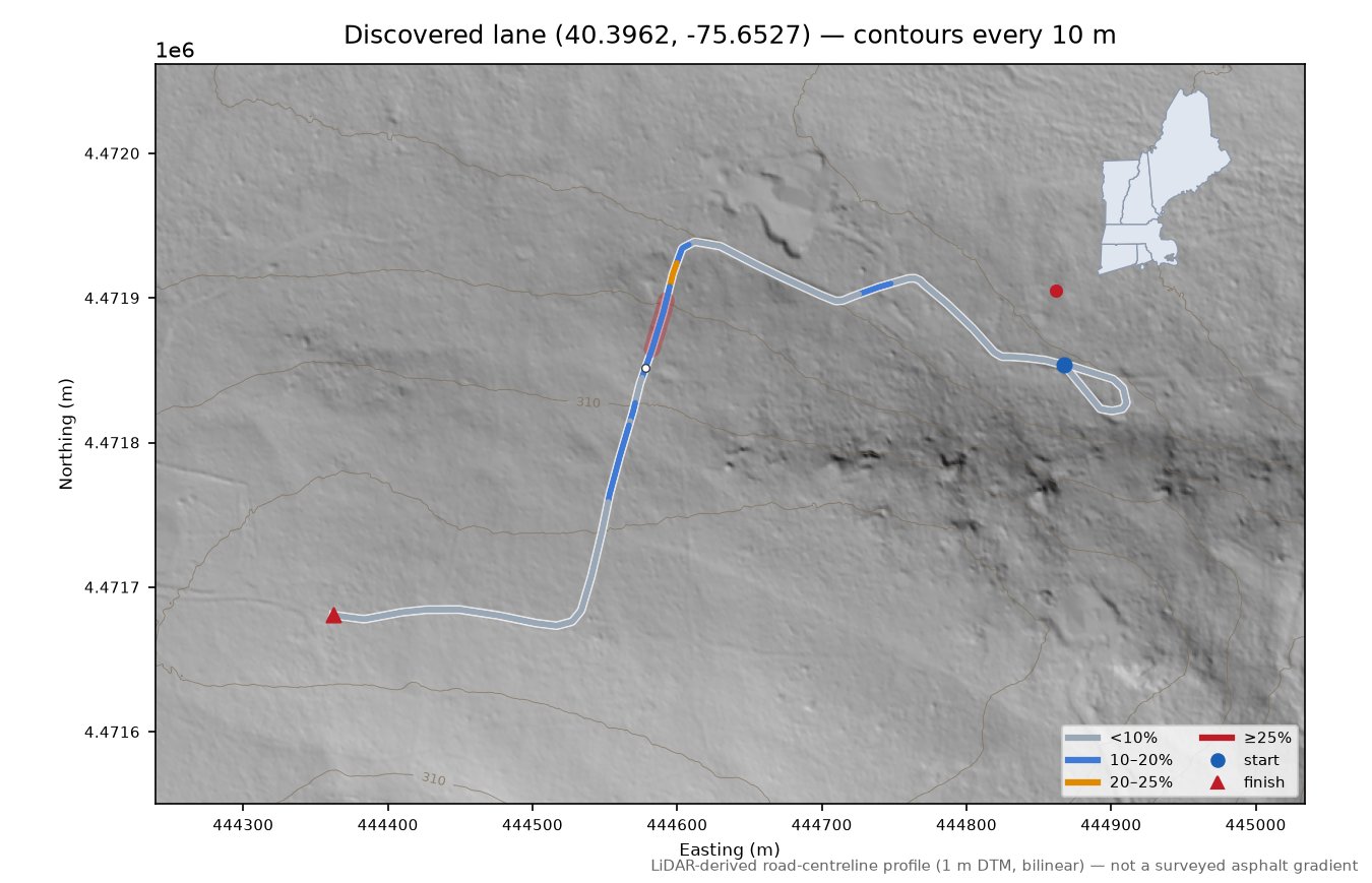 Discovered lane (40.3962, -75.6527) LiDAR hillshade map with contours
