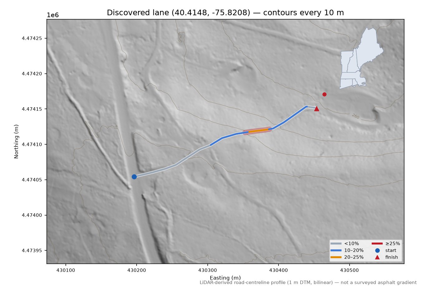 Discovered lane (40.4148, -75.8208) LiDAR hillshade map with contours