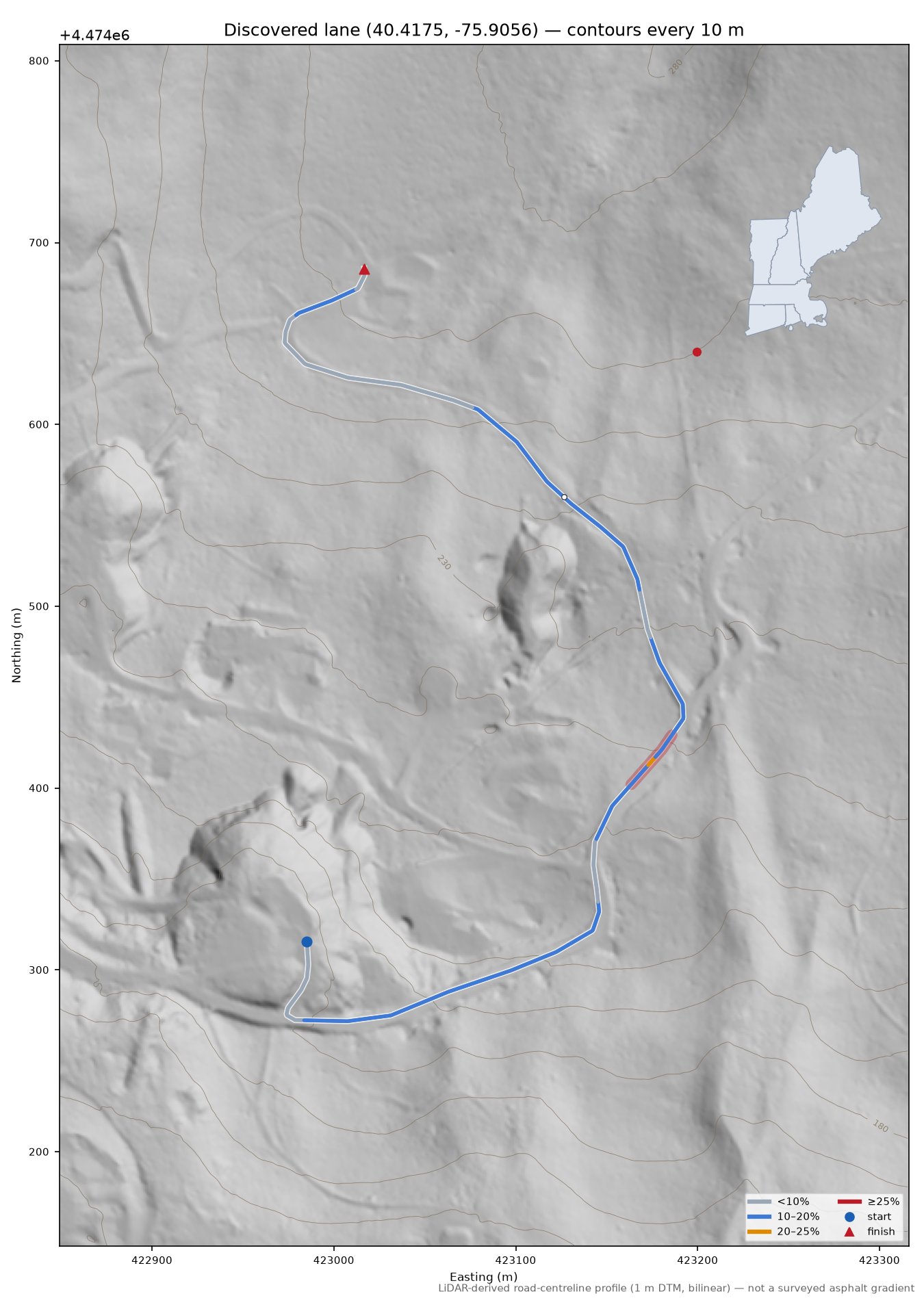 Discovered lane (40.4175, -75.9056) LiDAR hillshade map with contours