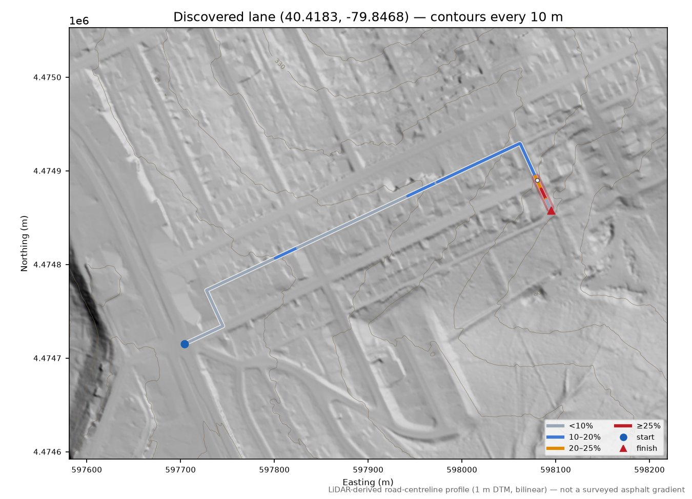 Discovered lane (40.4183, -79.8468) LiDAR hillshade map with contours