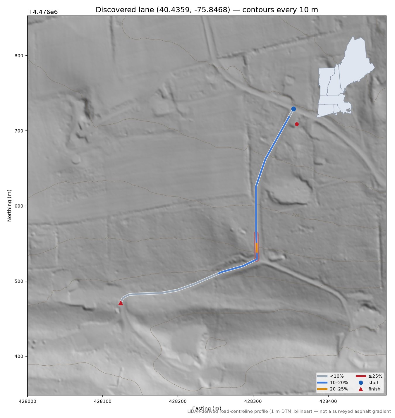 Discovered lane (40.4359, -75.8468) LiDAR hillshade map with contours