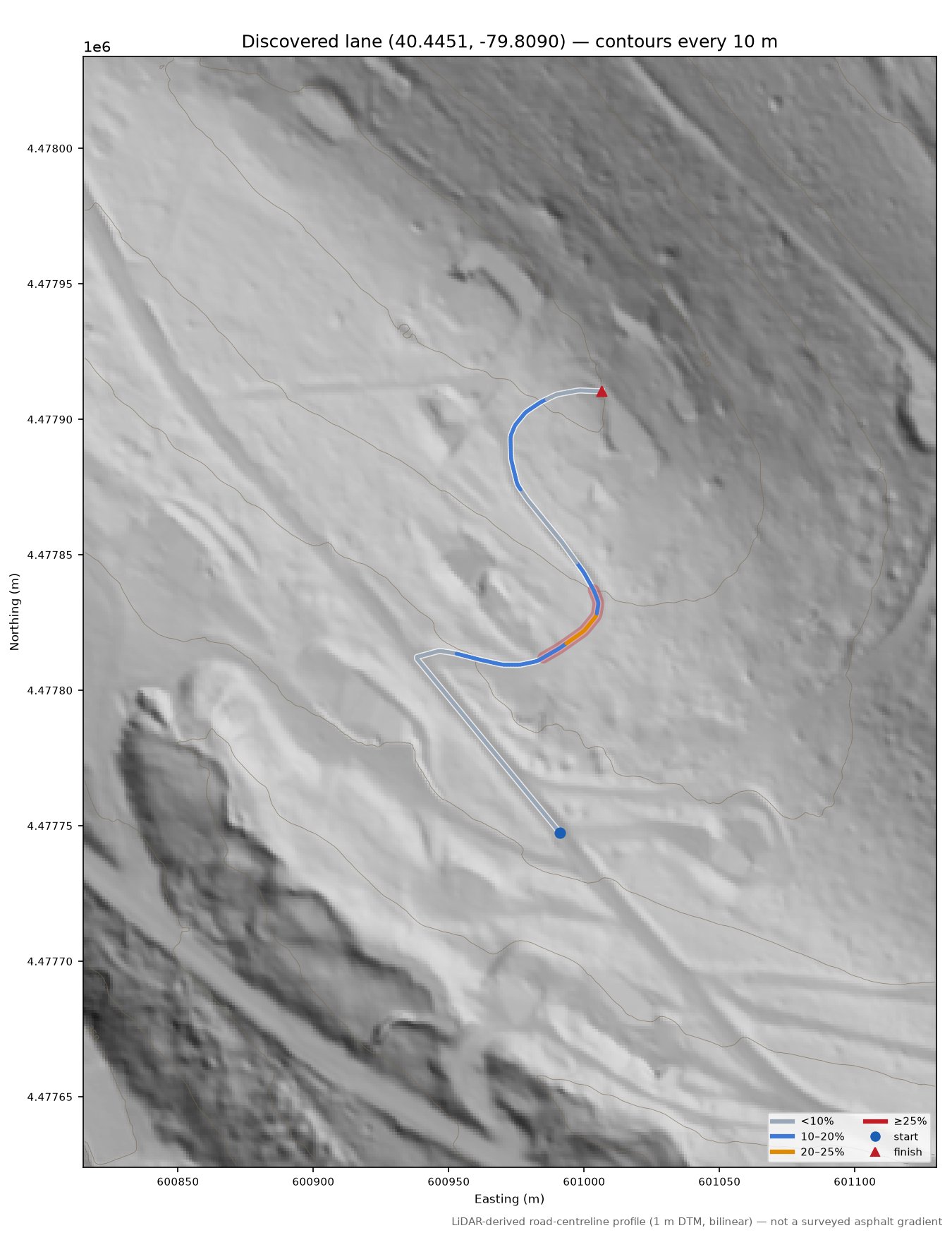 Discovered lane (40.4451, -79.8090) LiDAR hillshade map with contours