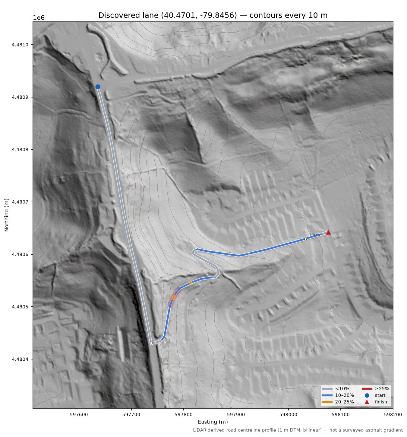 Discovered lane (40.4701, -79.8456) LiDAR hillshade map with contours