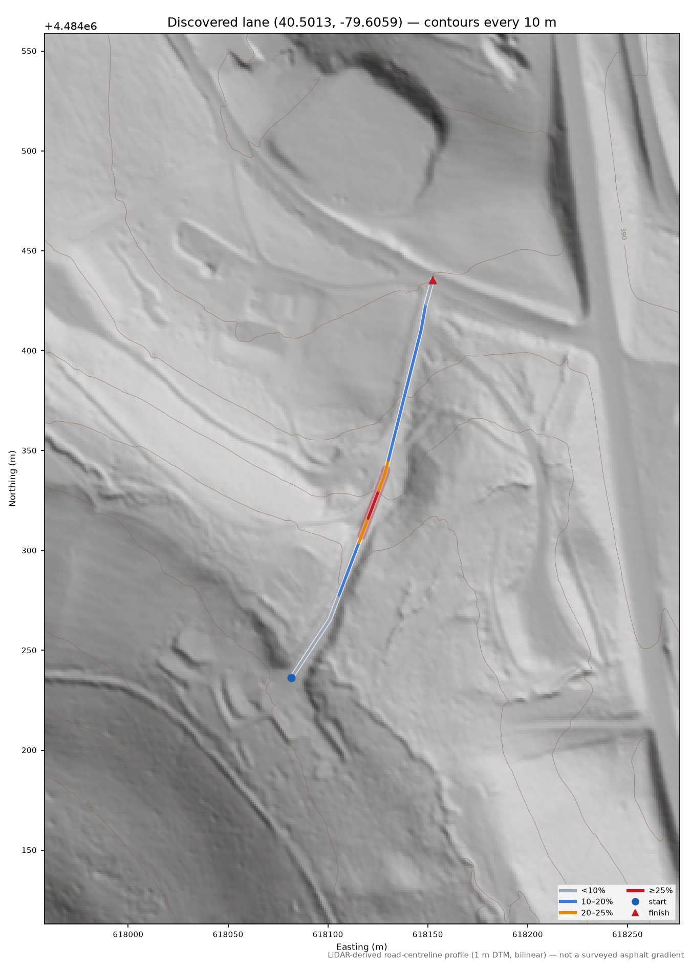 Discovered lane (40.5013, -79.6059) LiDAR hillshade map with contours