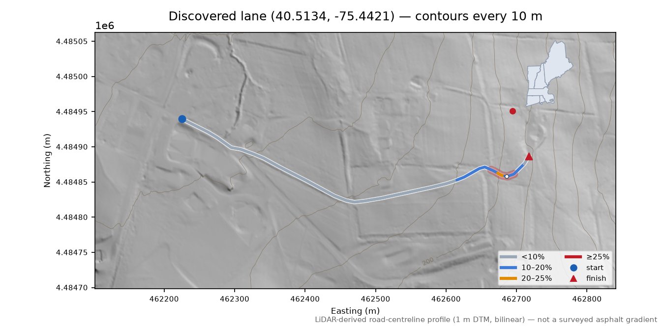 Discovered lane (40.5134, -75.4421) LiDAR hillshade map with contours