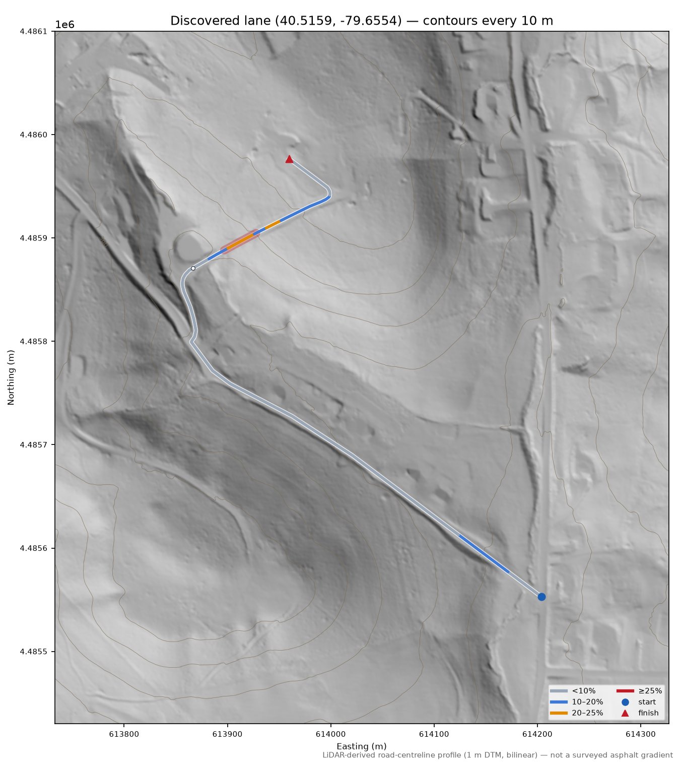 Discovered lane (40.5159, -79.6554) LiDAR hillshade map with contours