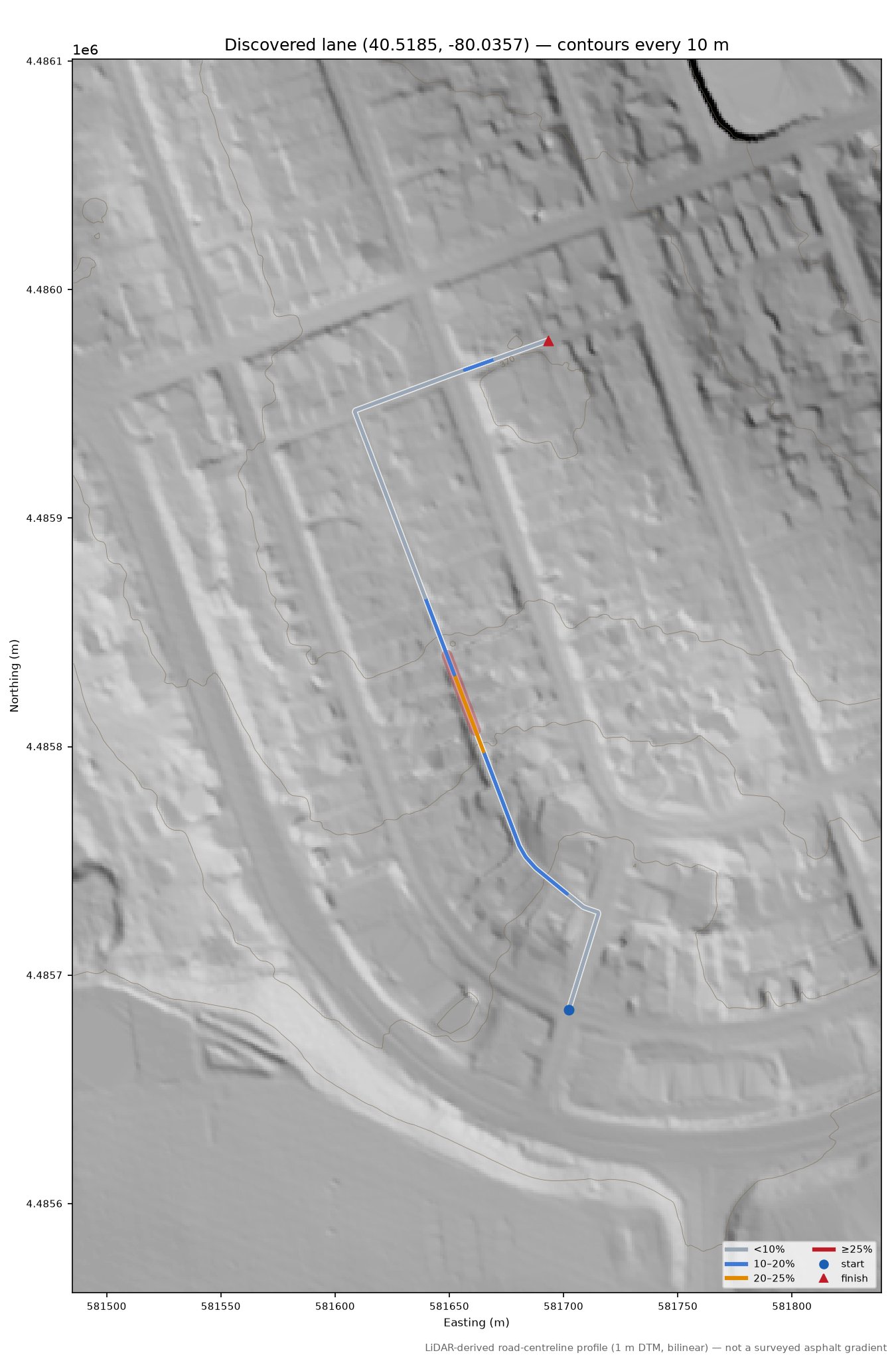 Discovered lane (40.5185, -80.0357) LiDAR hillshade map with contours