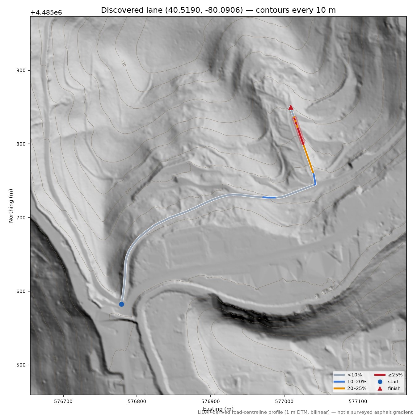 Discovered lane (40.5190, -80.0906) LiDAR hillshade map with contours