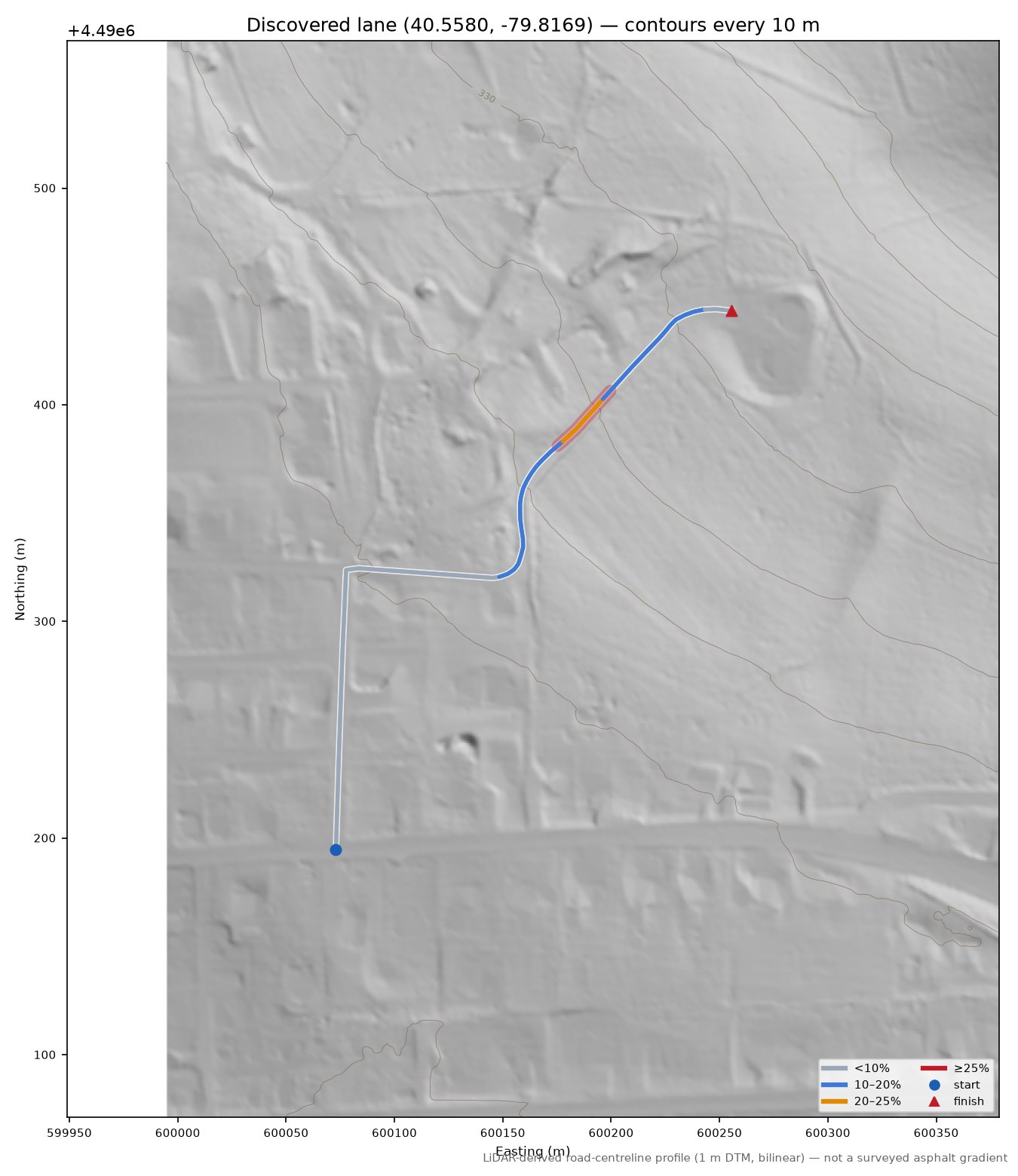 Discovered lane (40.5580, -79.8169) LiDAR hillshade map with contours