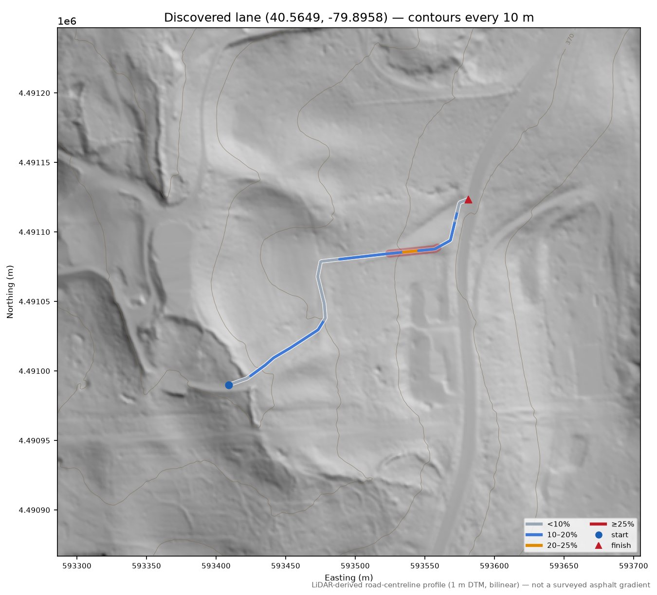 Discovered lane (40.5649, -79.8958) LiDAR hillshade map with contours