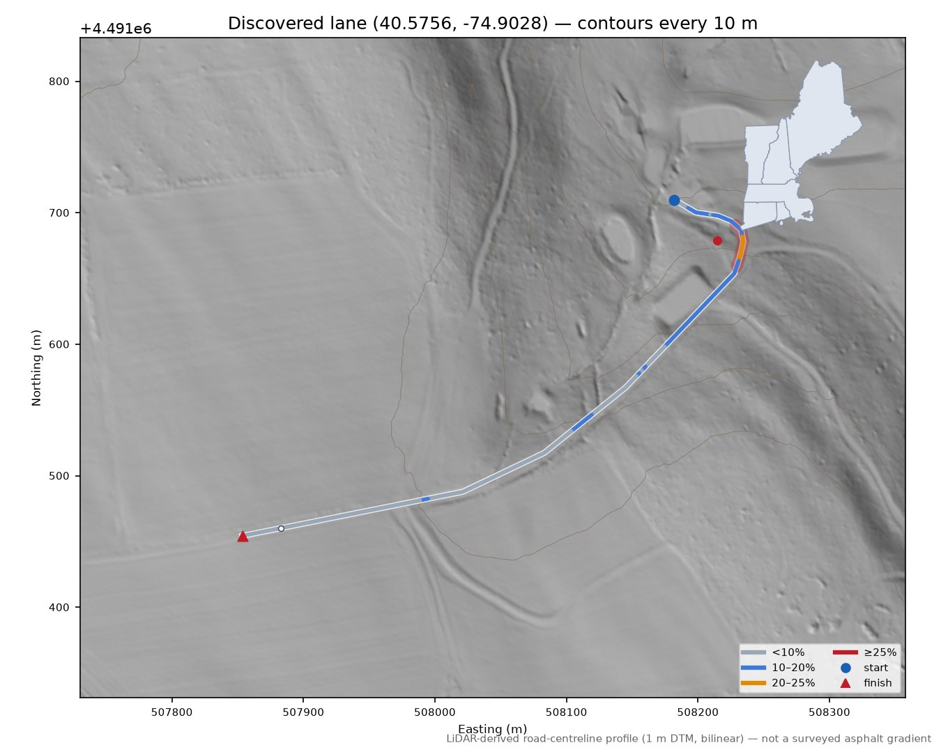 Discovered lane (40.5756, -74.9028) LiDAR hillshade map with contours