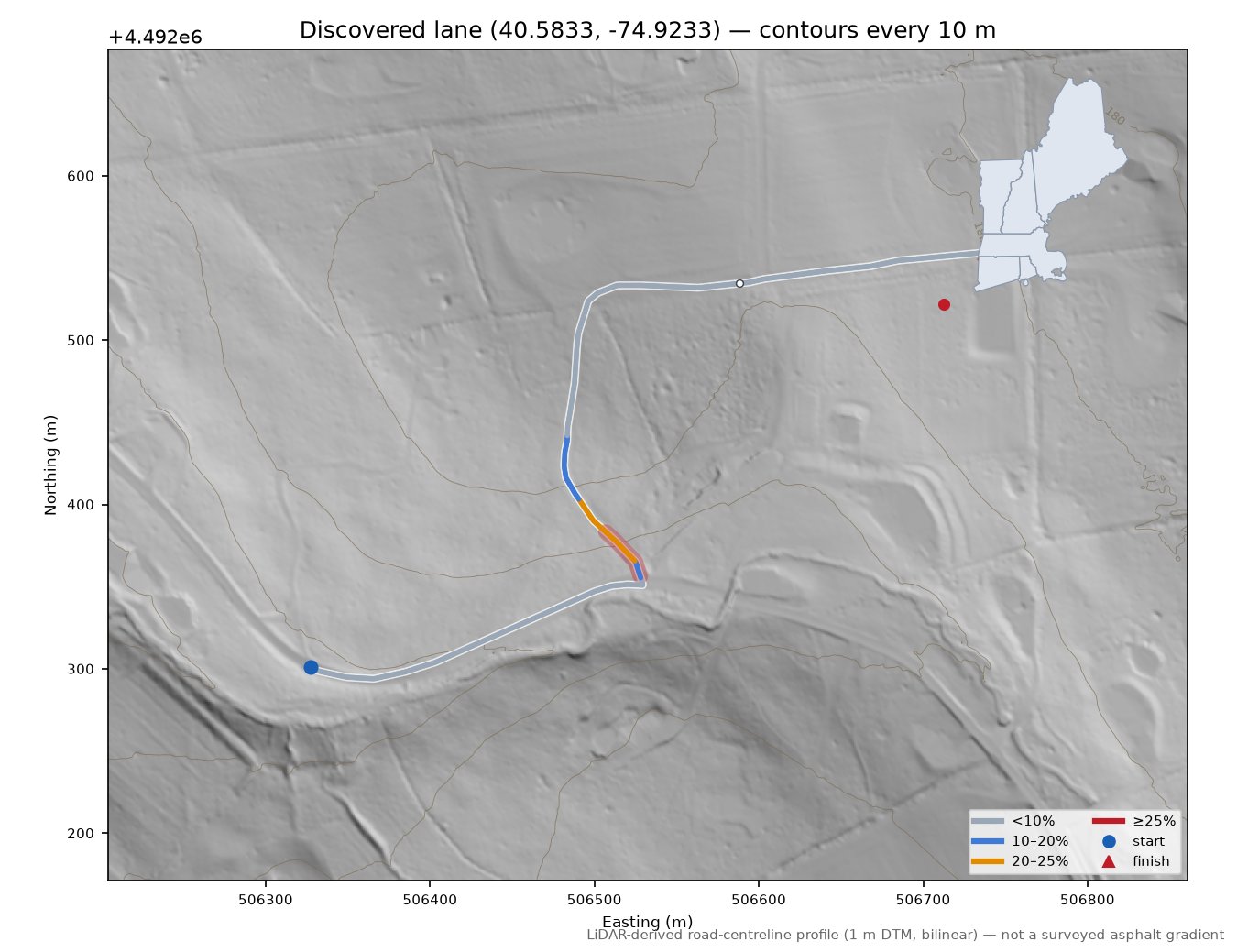 Discovered lane (40.5833, -74.9233) LiDAR hillshade map with contours