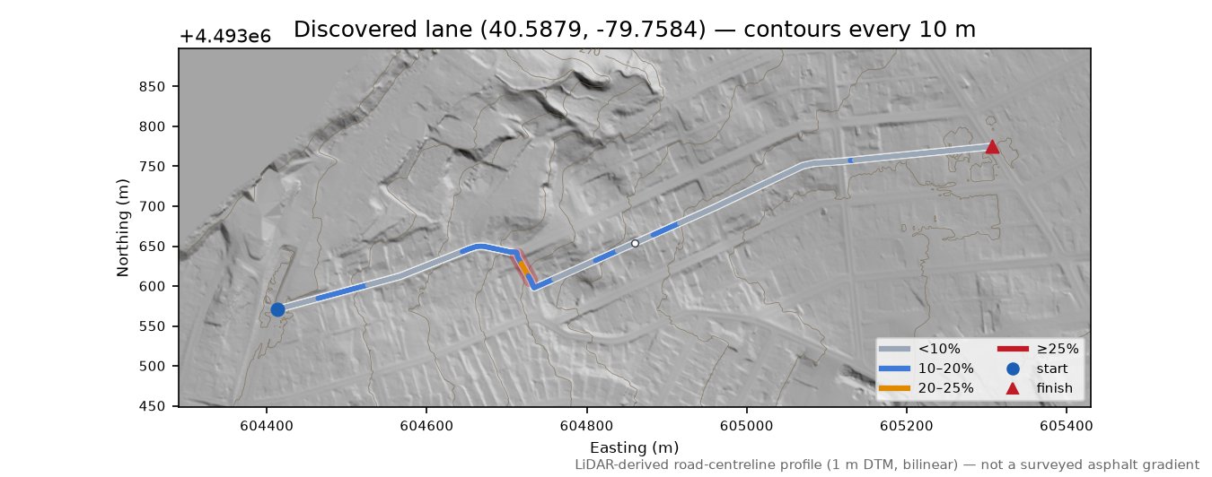 Discovered lane (40.5879, -79.7584) LiDAR hillshade map with contours