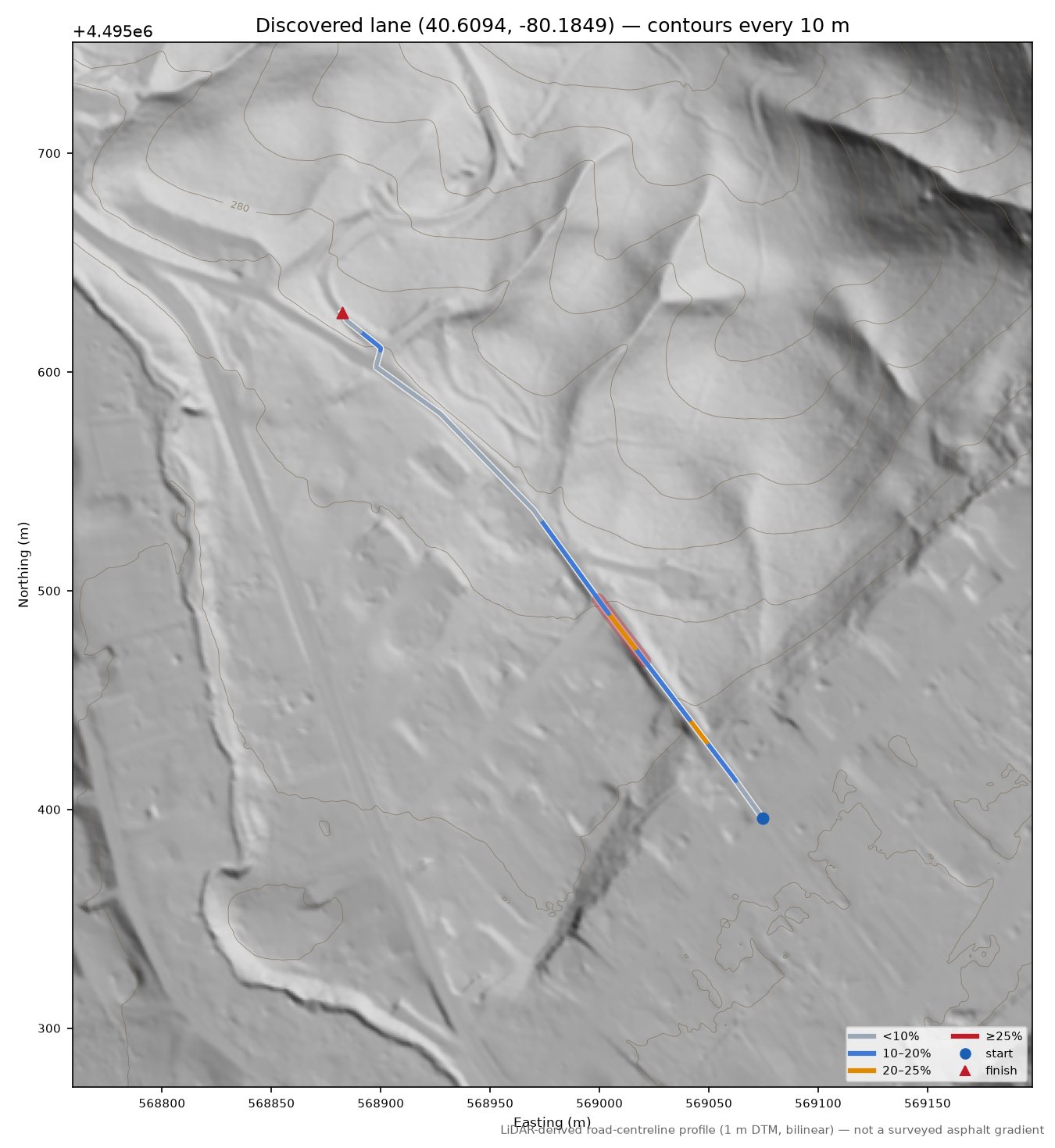 Discovered lane (40.6094, -80.1849) LiDAR hillshade map with contours