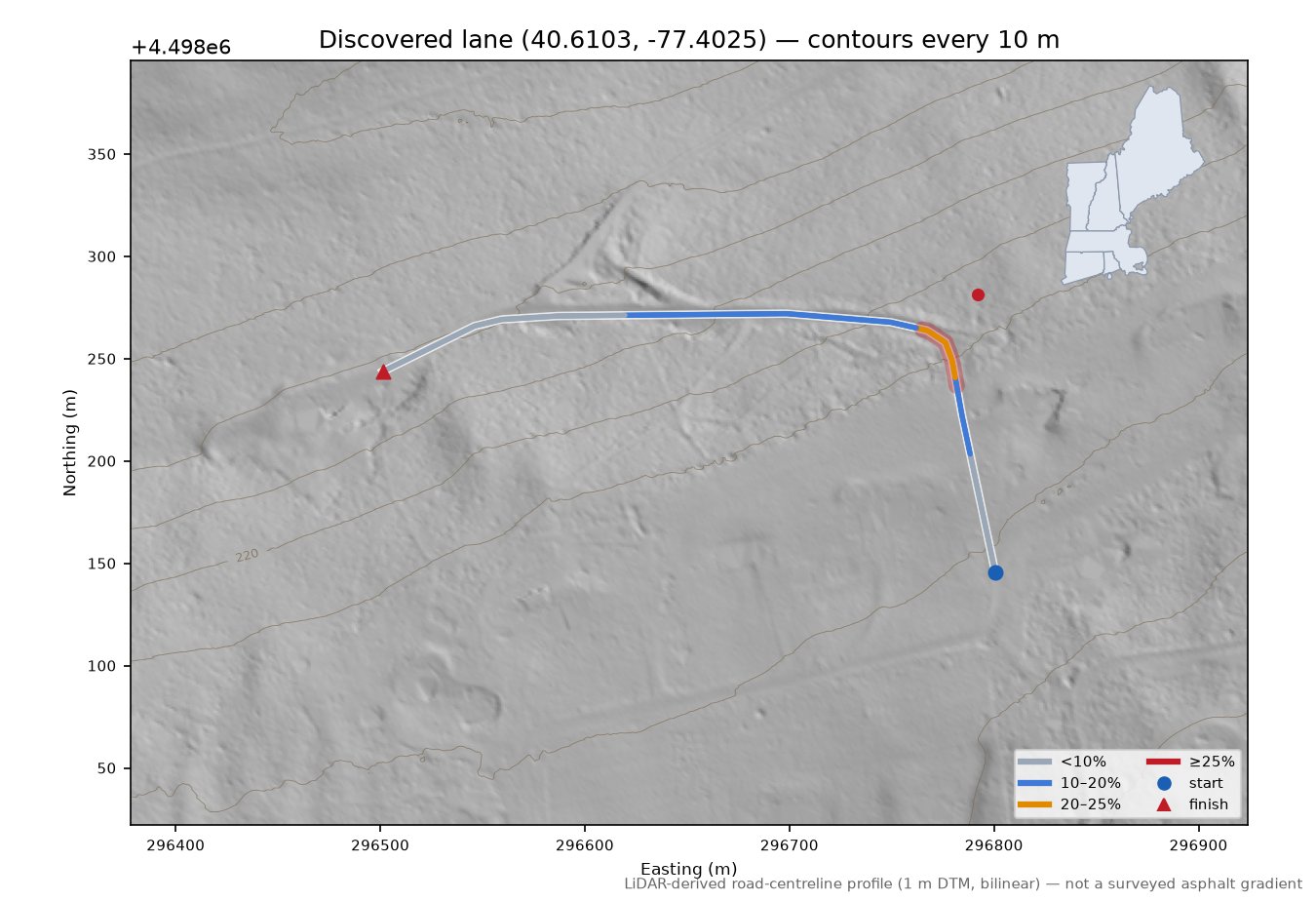 Discovered lane (40.6103, -77.4025) LiDAR hillshade map with contours