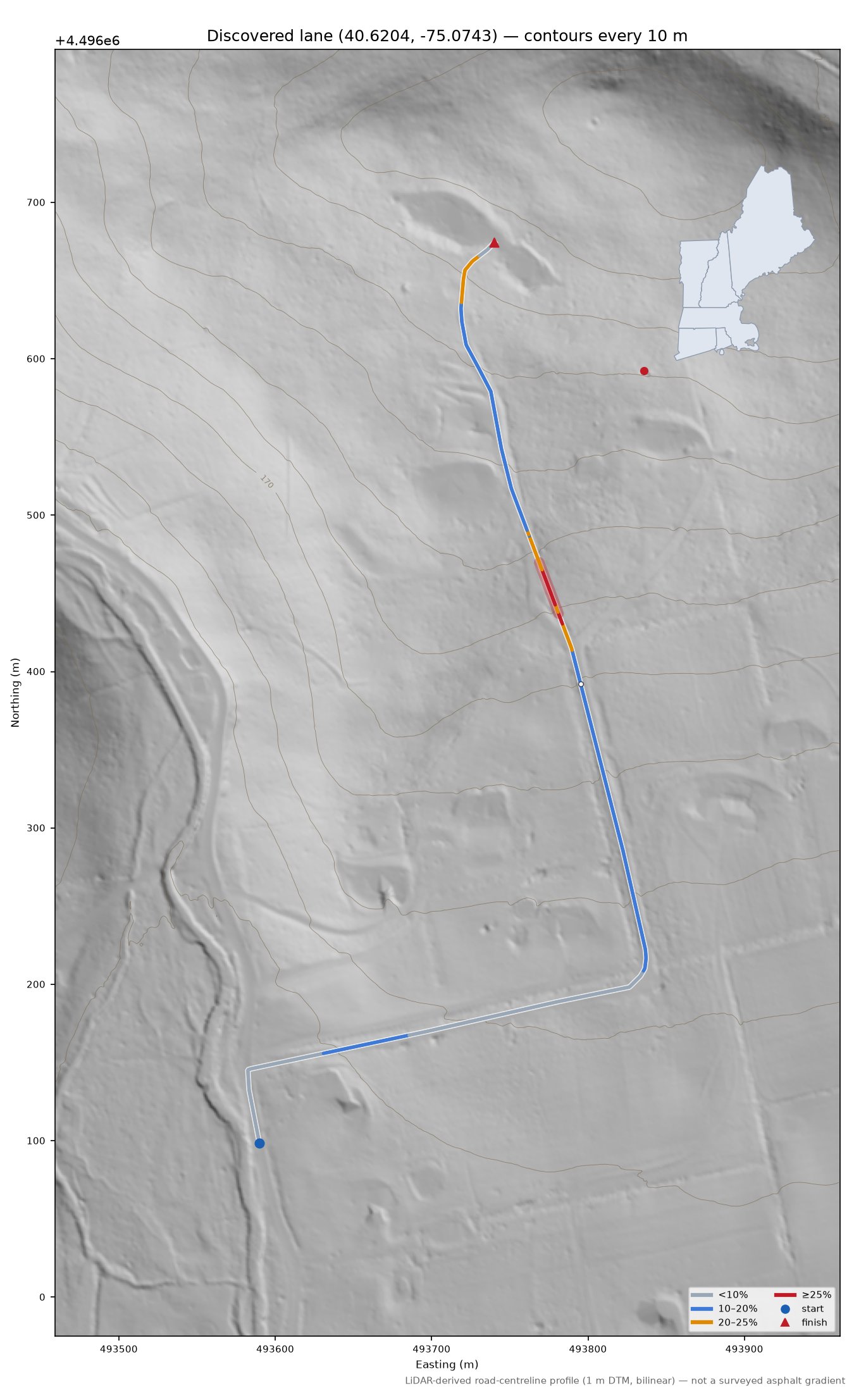 Discovered lane (40.6204, -75.0743) LiDAR hillshade map with contours