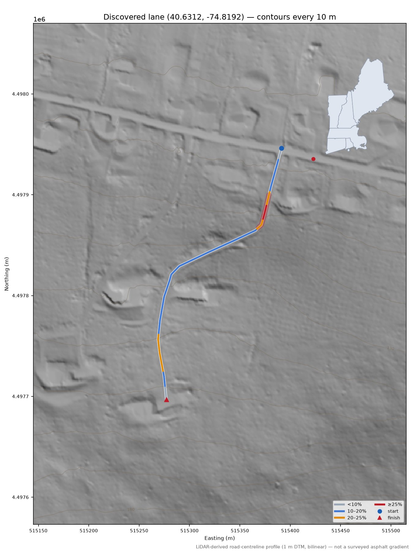 Discovered lane (40.6312, -74.8192) LiDAR hillshade map with contours