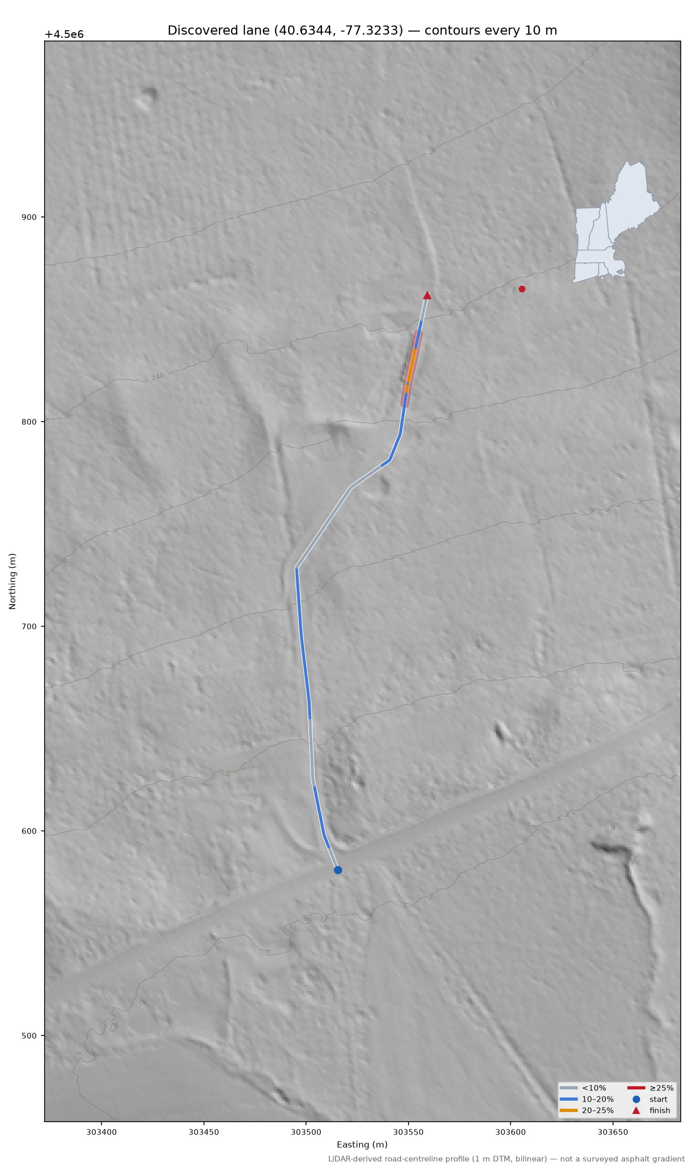 Discovered lane (40.6344, -77.3233) LiDAR hillshade map with contours