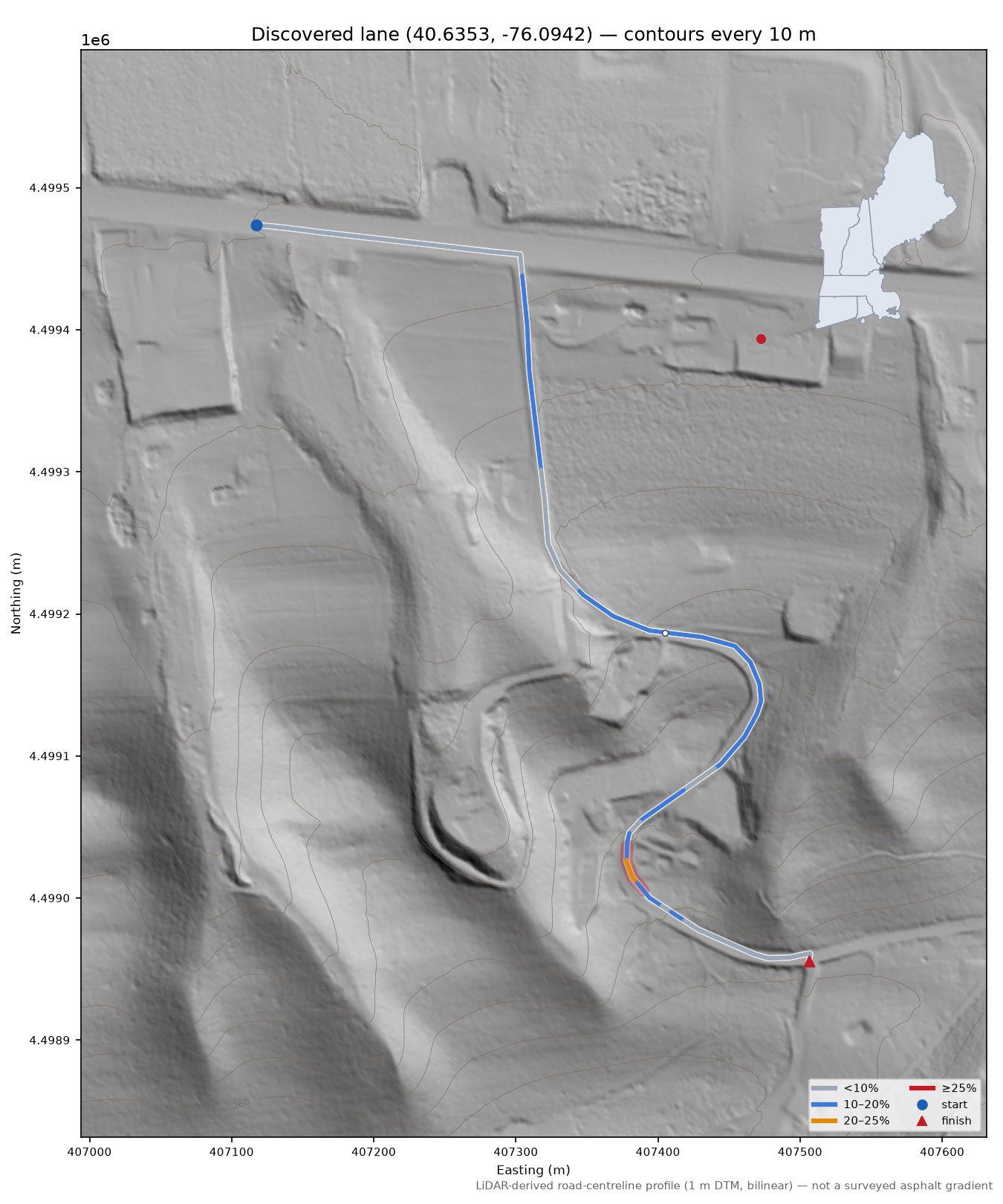Discovered lane (40.6353, -76.0942) LiDAR hillshade map with contours
