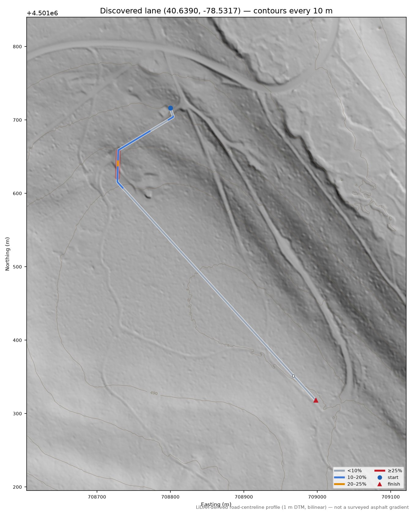 Discovered lane (40.6390, -78.5317) LiDAR hillshade map with contours
