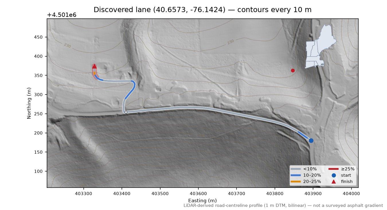 Discovered lane (40.6573, -76.1424) LiDAR hillshade map with contours