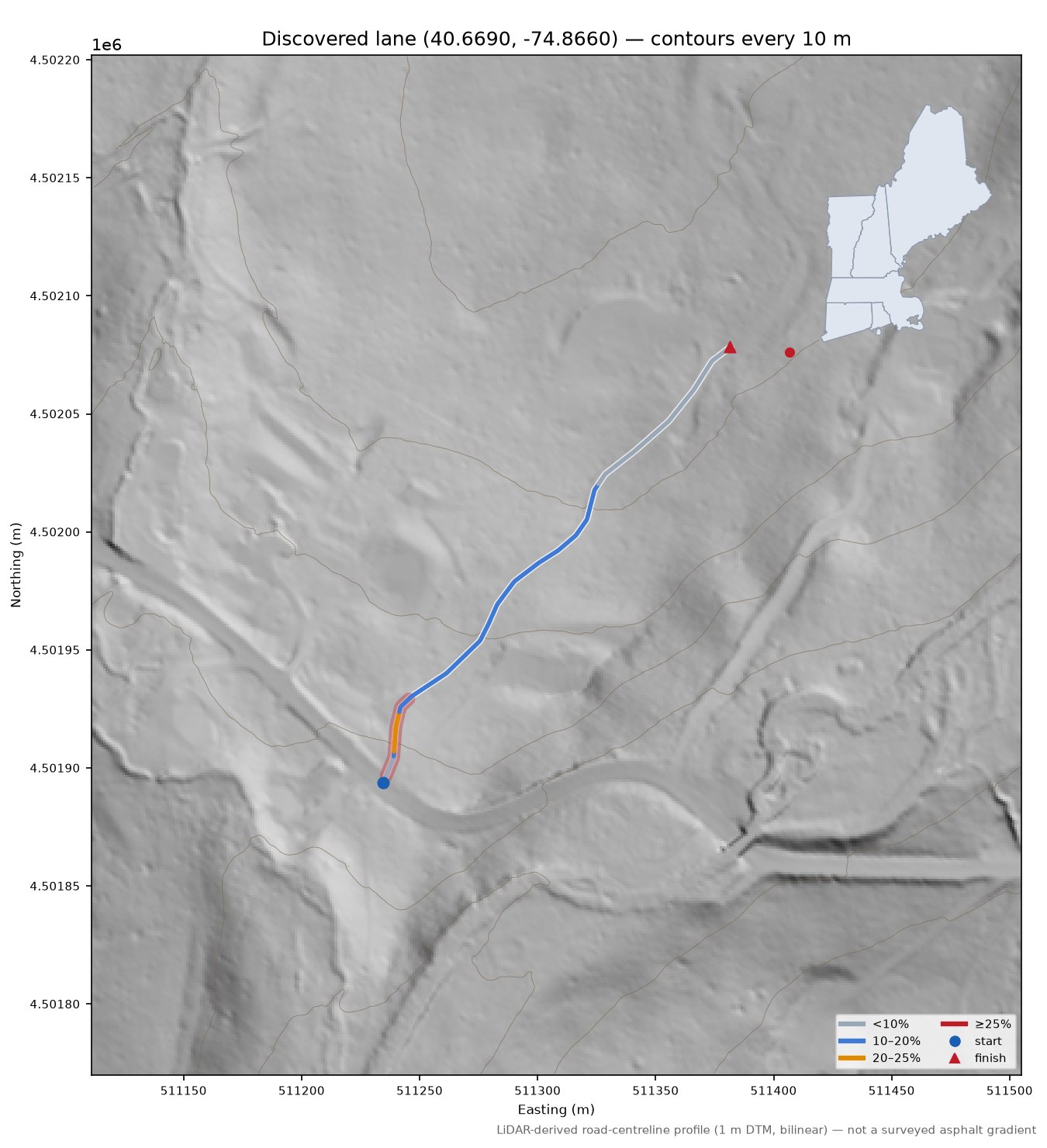 Discovered lane (40.6690, -74.8660) LiDAR hillshade map with contours