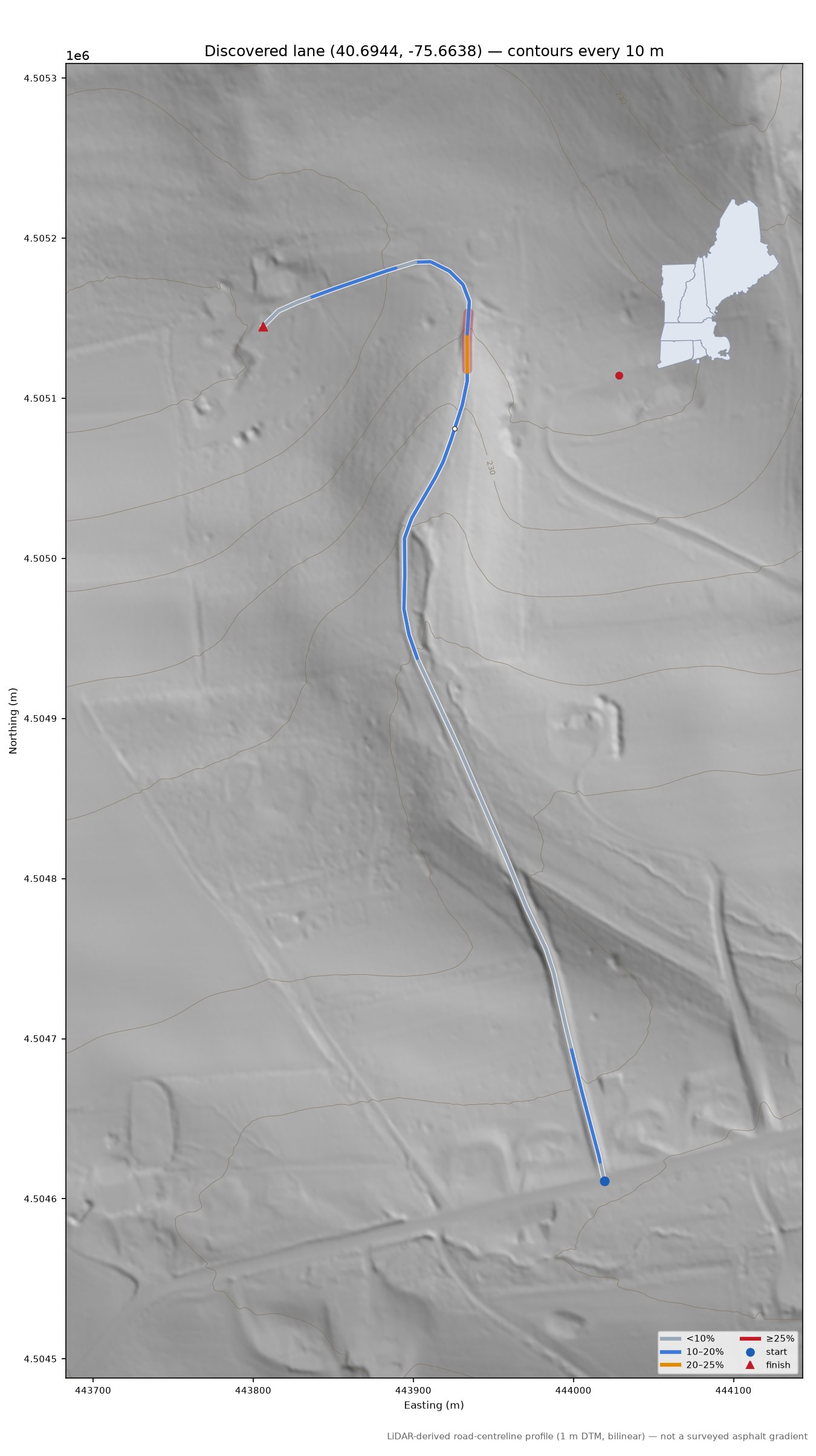 Discovered lane (40.6944, -75.6638) LiDAR hillshade map with contours
