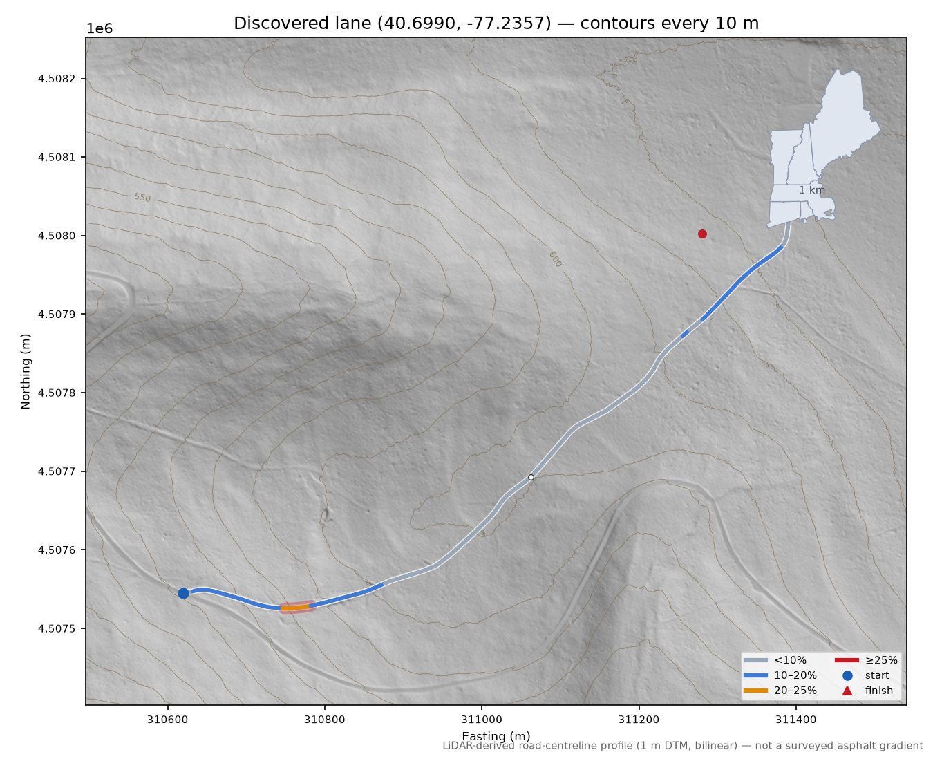 Discovered lane (40.6990, -77.2357) LiDAR hillshade map with contours