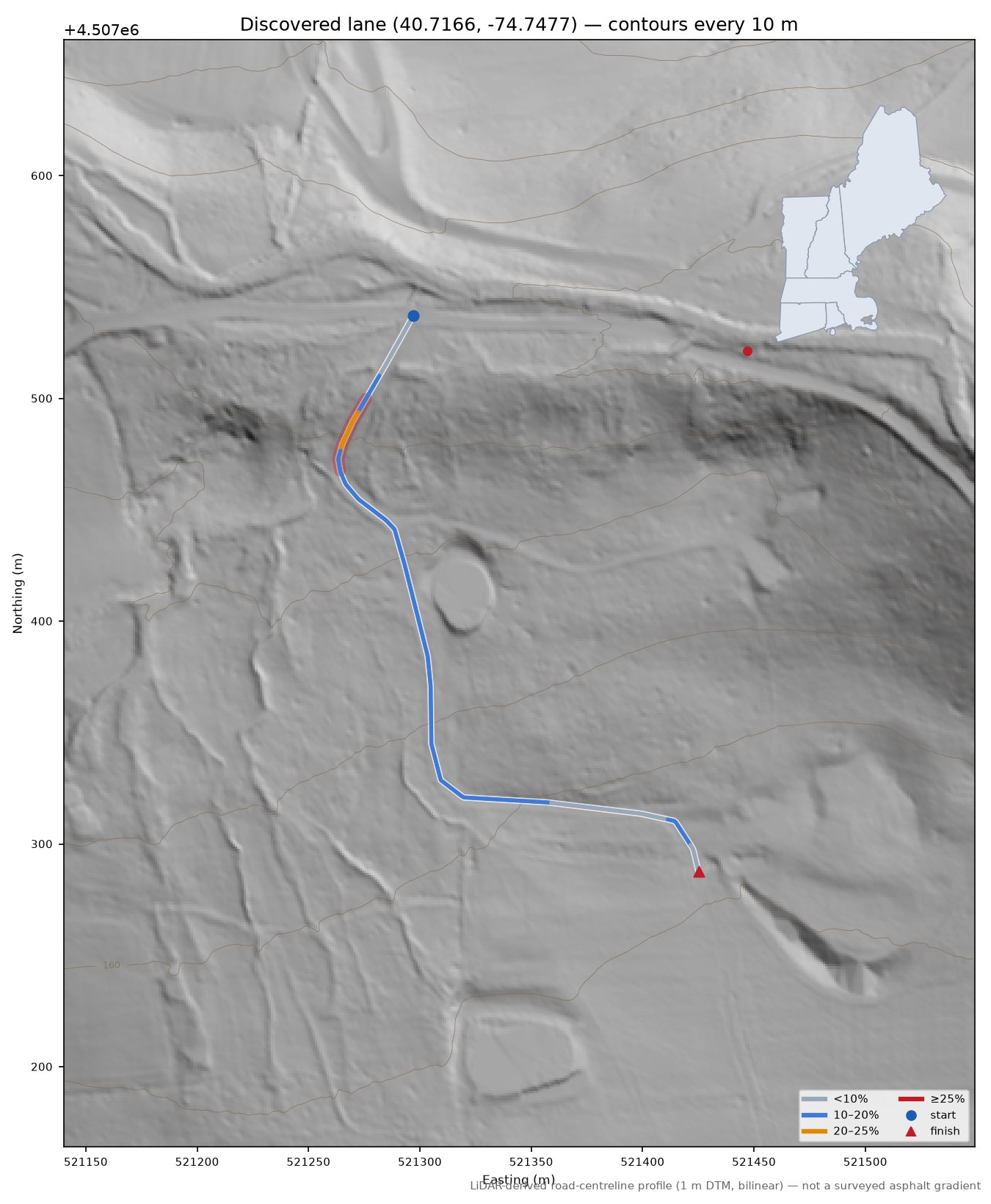 Discovered lane (40.7166, -74.7477) LiDAR hillshade map with contours