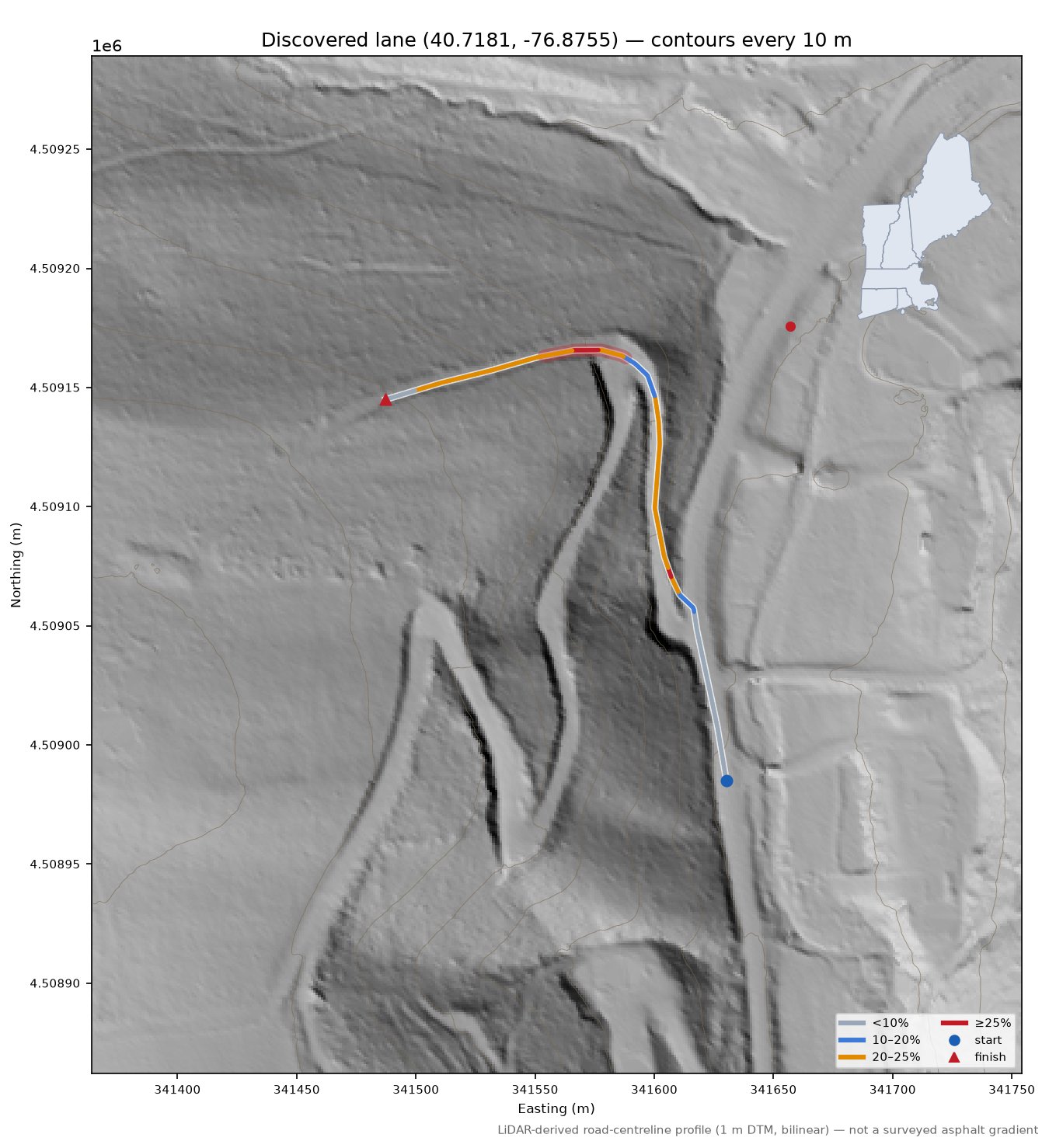Discovered lane (40.7181, -76.8755) LiDAR hillshade map with contours