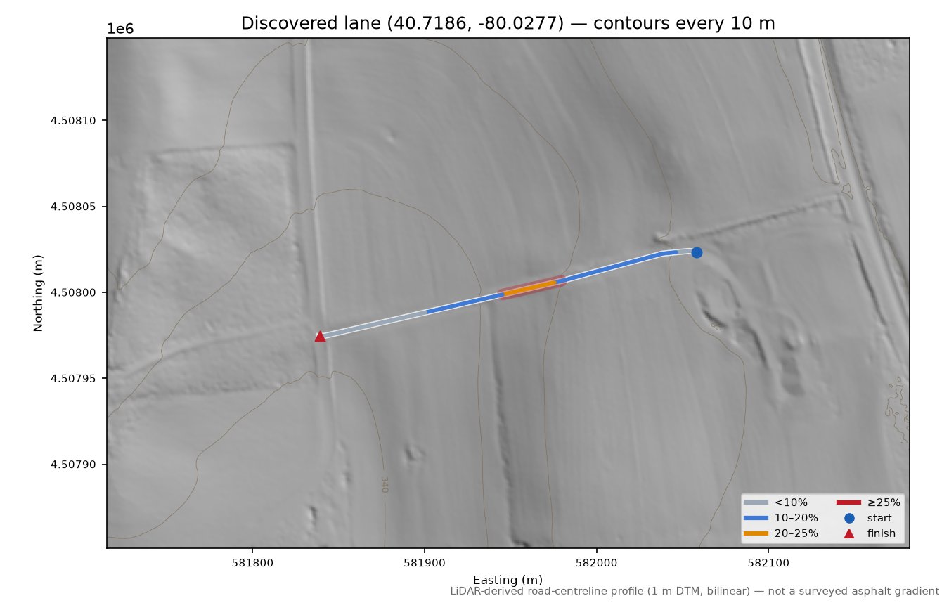 Discovered lane (40.7186, -80.0277) LiDAR hillshade map with contours