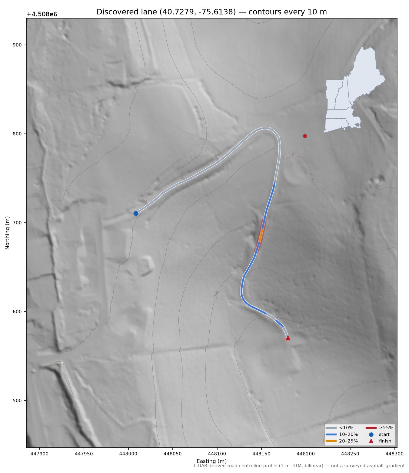 Discovered lane (40.7279, -75.6138) LiDAR hillshade map with contours