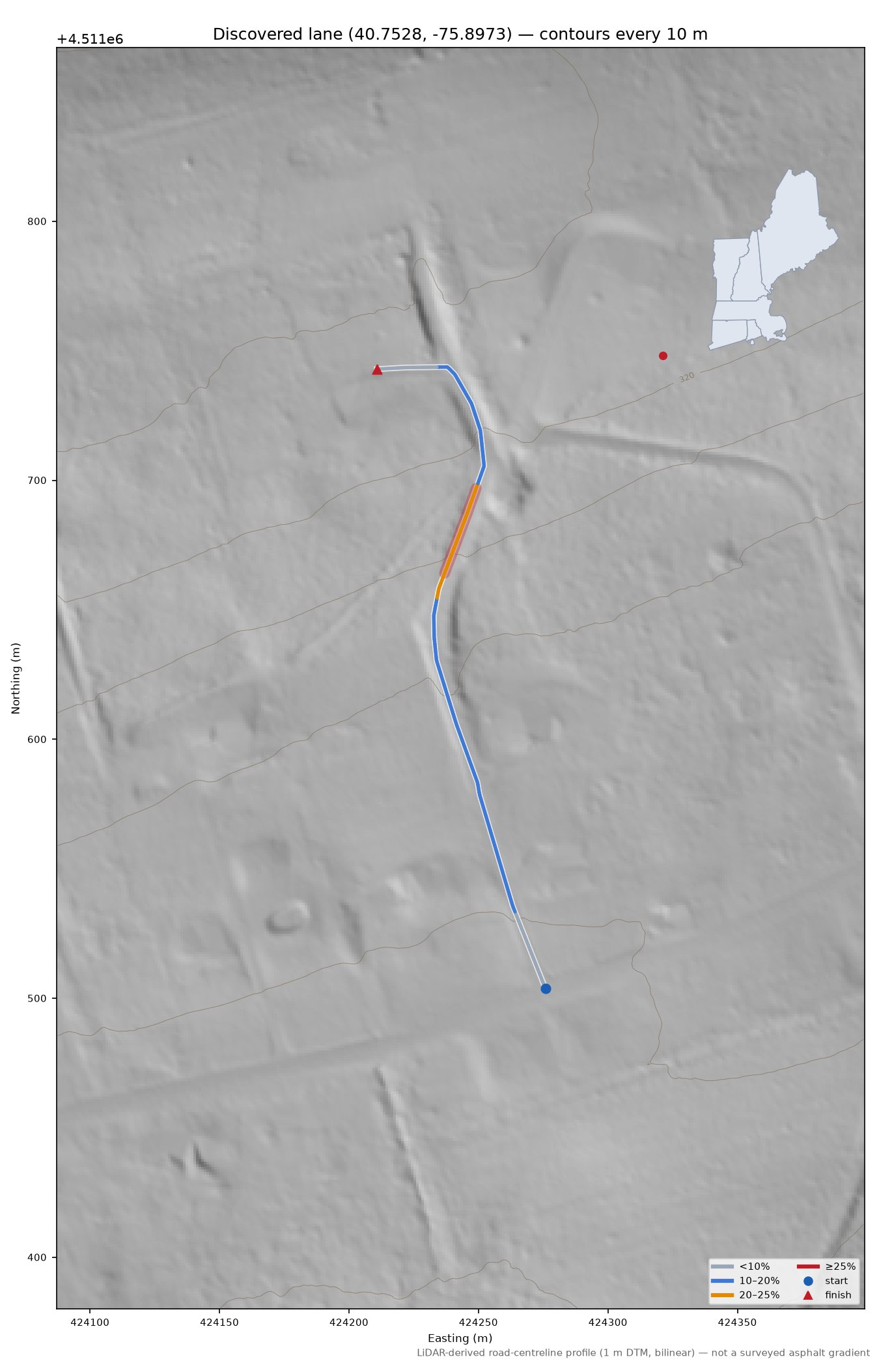 Discovered lane (40.7528, -75.8973) LiDAR hillshade map with contours