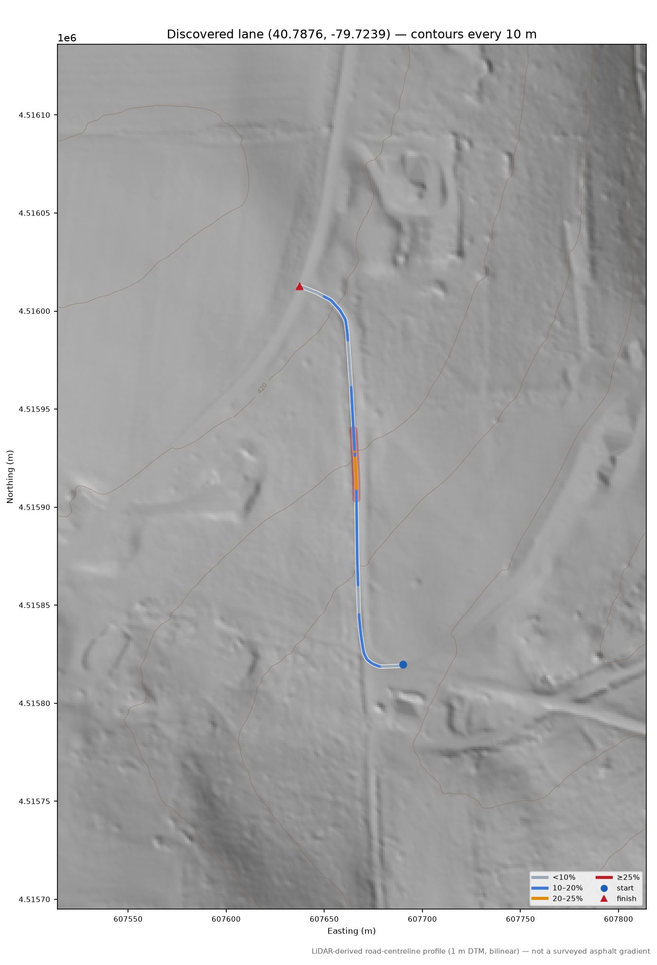 Discovered lane (40.7876, -79.7239) LiDAR hillshade map with contours