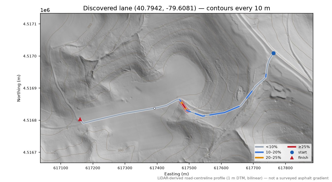 Discovered lane (40.7942, -79.6081) LiDAR hillshade map with contours