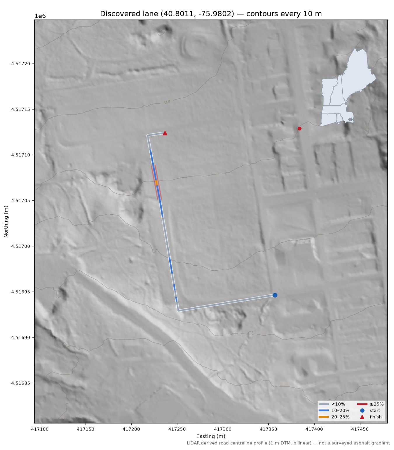 Discovered lane (40.8011, -75.9802) LiDAR hillshade map with contours