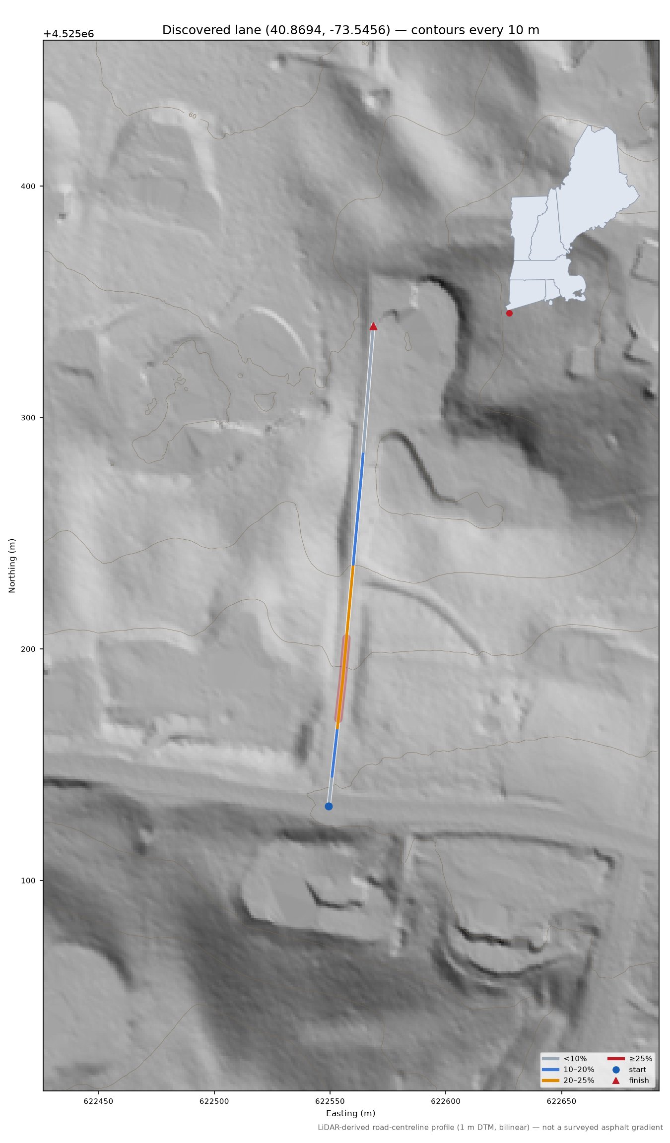 Discovered lane (40.8694, -73.5456) LiDAR hillshade map with contours